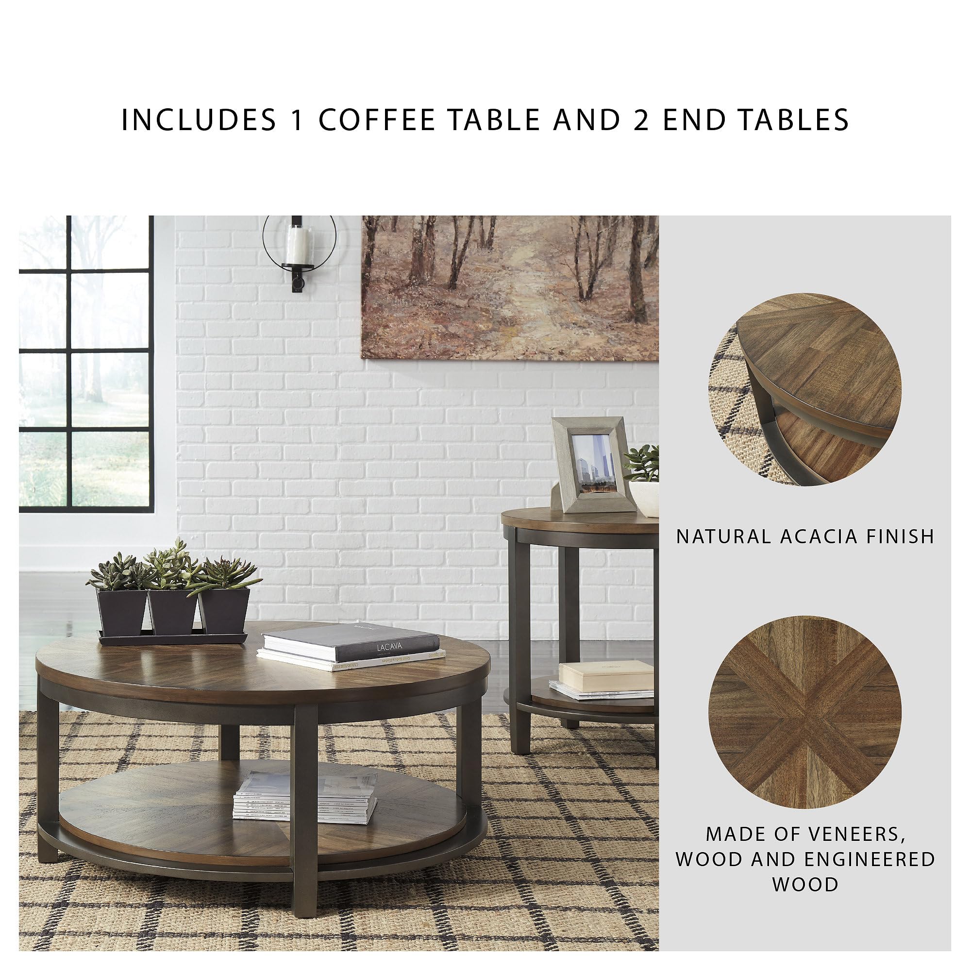 Rustic Round 3-Piece Table Set – Coffee Table & 2 End Tables