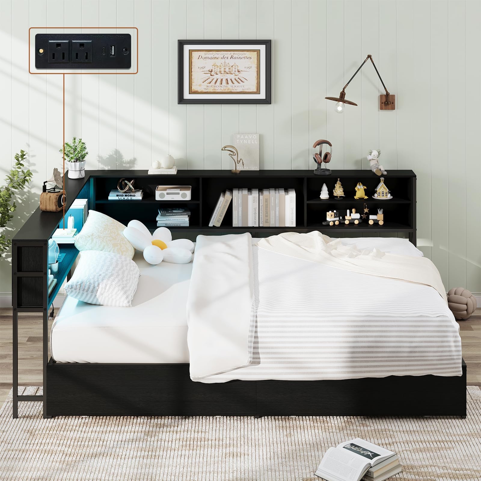 Full Size Corner Bed Frame with Storage, LED Lights & Charging Station