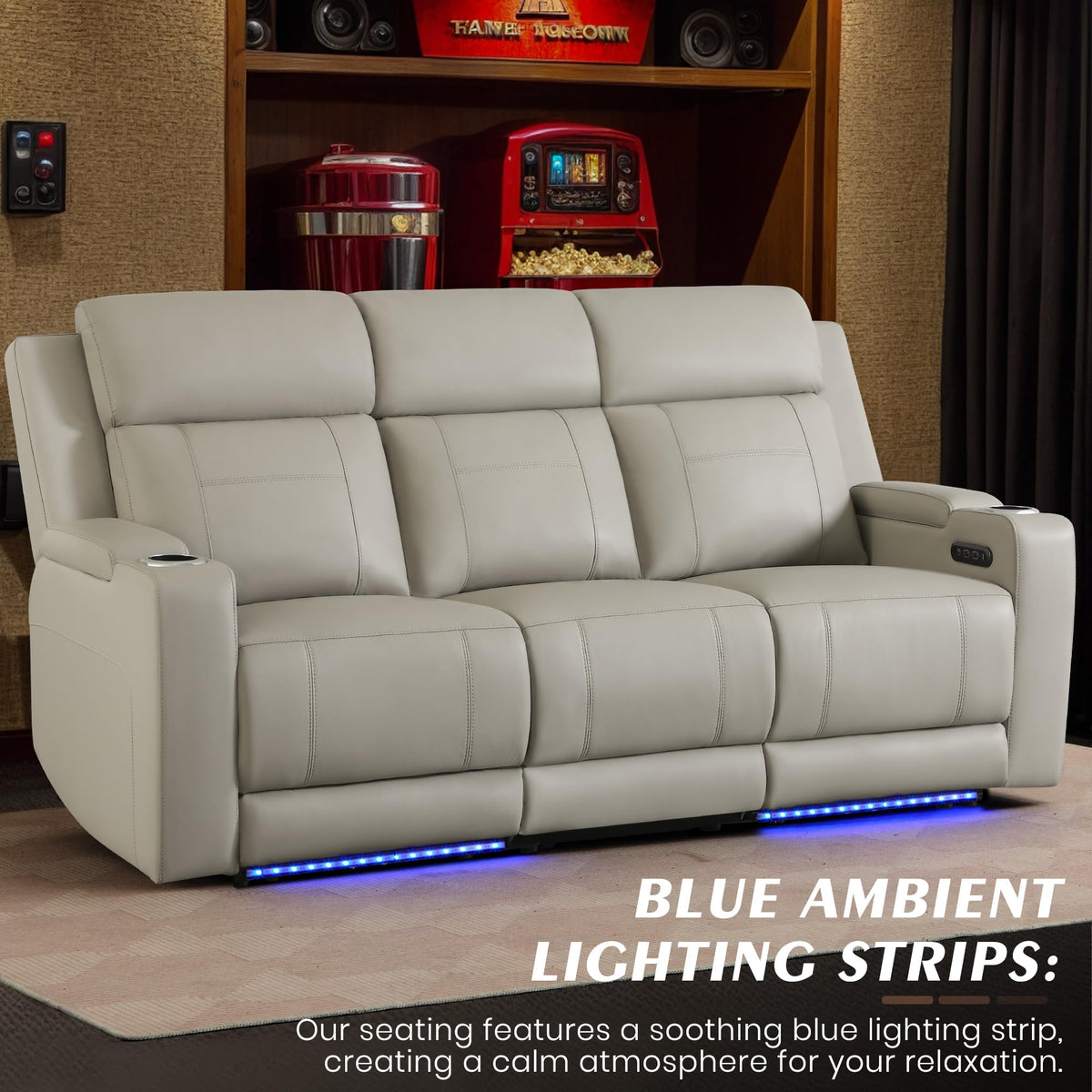 Netpane Breathable Leather Power Recliner Sofa Set with LED, Power Reclining Sofa and Loveseat Set with Adjustable Headrest/Wireless Charger/Storage Console for Living Room (Grey)