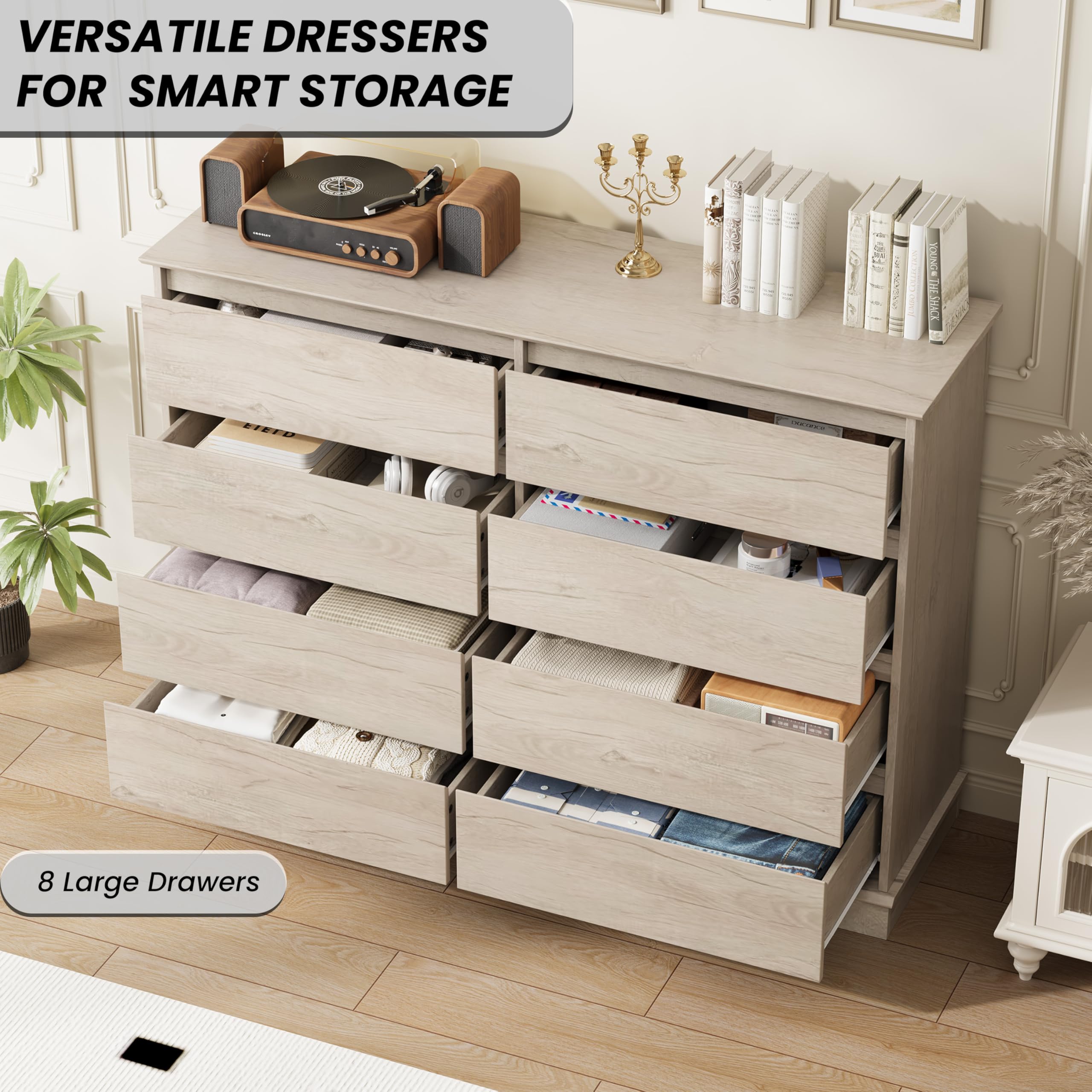 IDEALHOUSE 8 Drawer Dresser, 51” Wide Storage Organizer Chest of Drawers for Bedroom Closet Entryway Hallway Living Room, Large Dressers with Top Surface, Vintage Oak