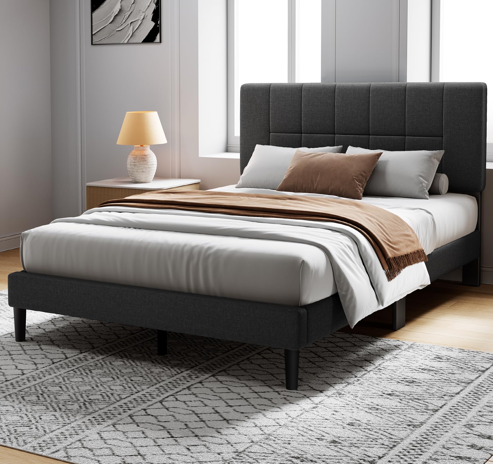 Upholstered Platform Bed Frame with Adjustable Headboard & Under-Bed Storage