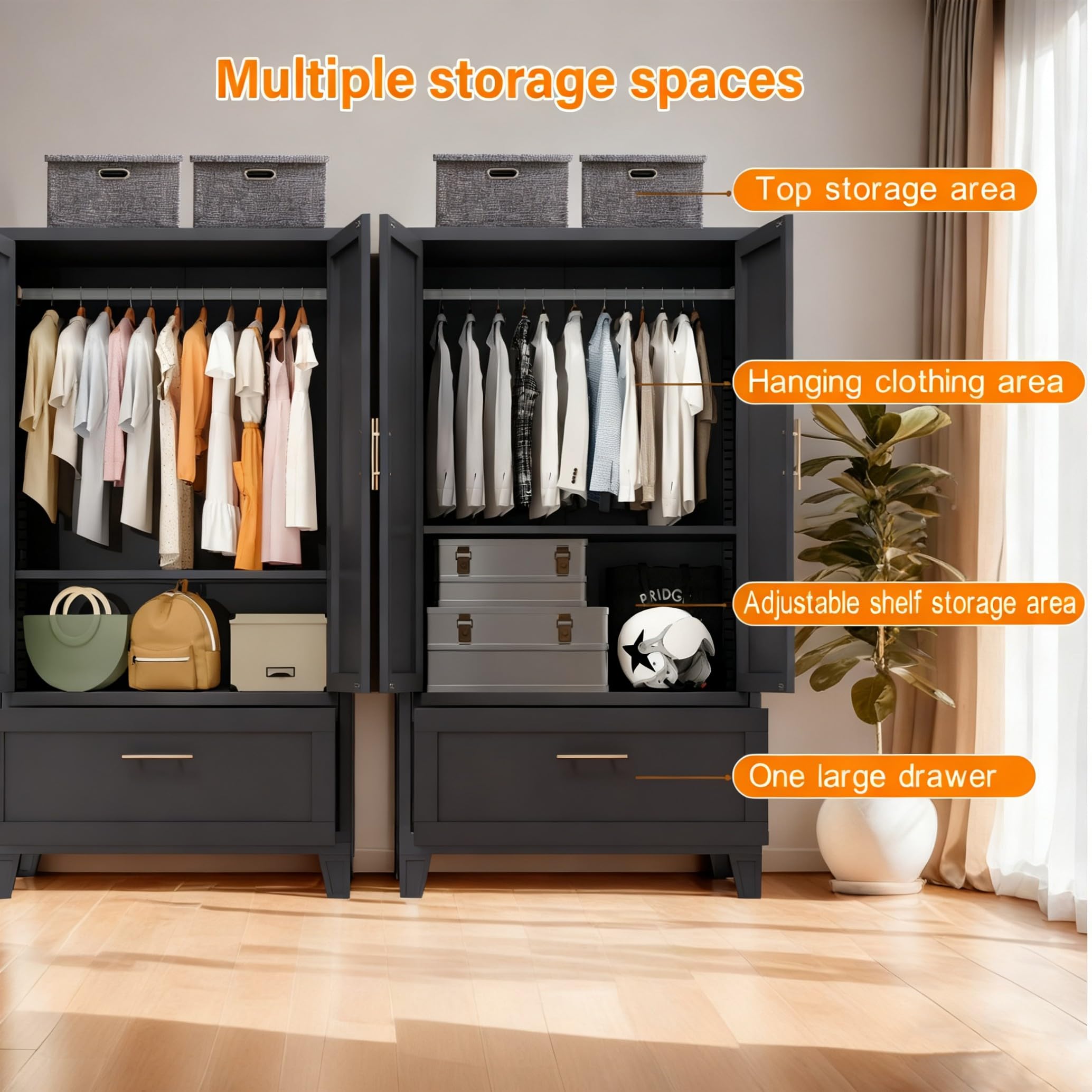 Steel Wardrobe Cabinet with Drawer, Hanging Rod & 2 Doors