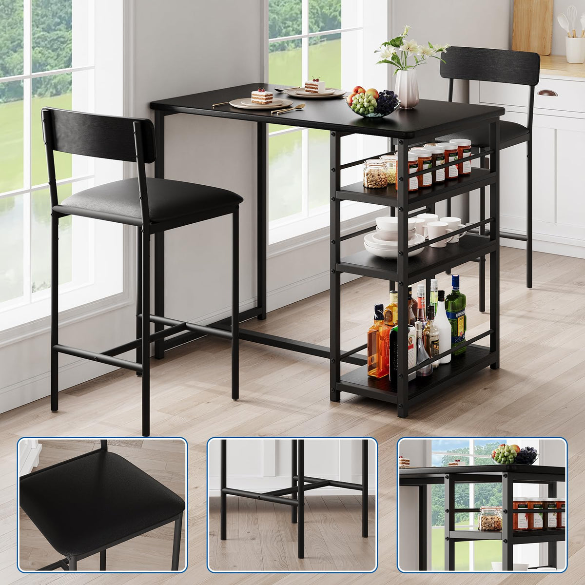 TricaLktdp 3 Piece Dining Table Set for 2 with 2 Upholstered Chairs, Rustic Pub/Bar Table Set + 3 Large Storage Shelves, Compact Kitchen Table for Small Spaces, Apartment, Breakfast Nook, Black
