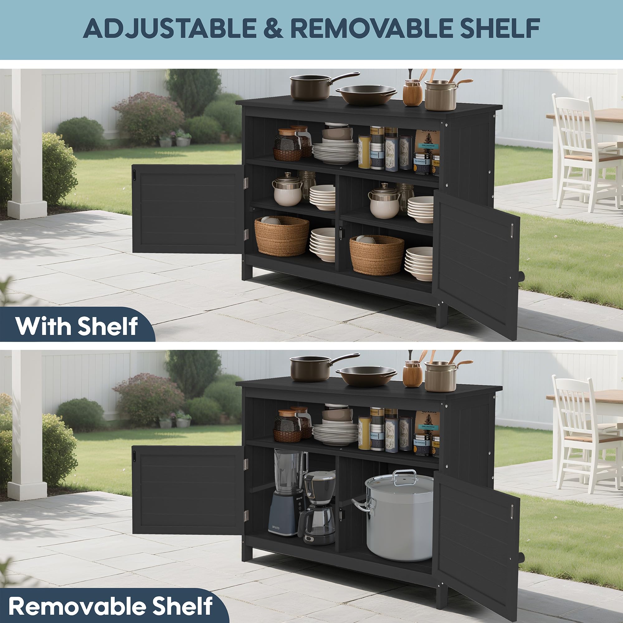 Congfutt HIPS All-Weather Outdoor Storage Cabinet,Outdoor Sideboard with Magnetic Doors,3-Shelves Patio Storage Cabinet, Used for Garden,Buffet Cabinet,TV Stand, Bar Table,Balcony
