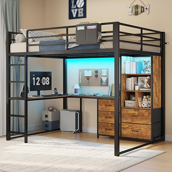 Full Size Loft Bed with L-Desk & Bookshelf