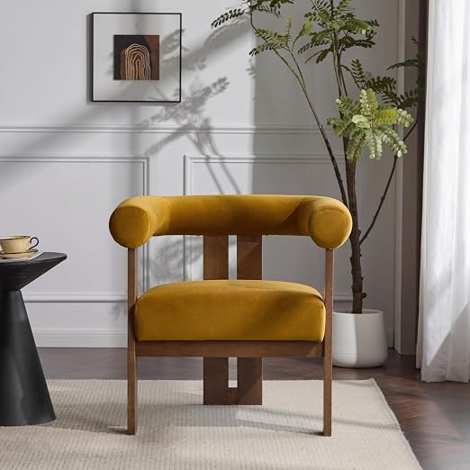 Velvet Accent Chair with Curved Backrest & 3-Leg Wood Base