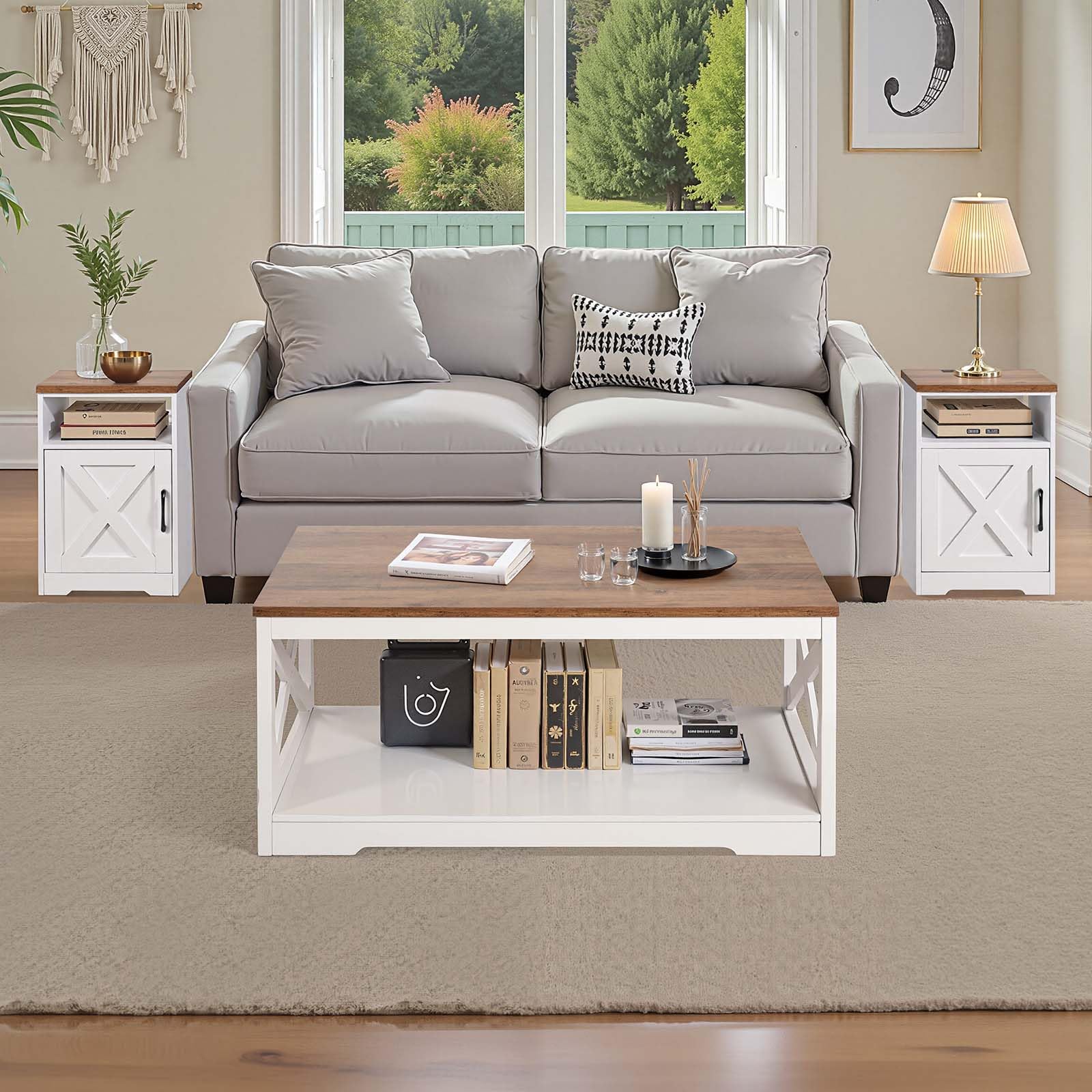 3-Piece Farmhouse Coffee Table Set with Charging Station