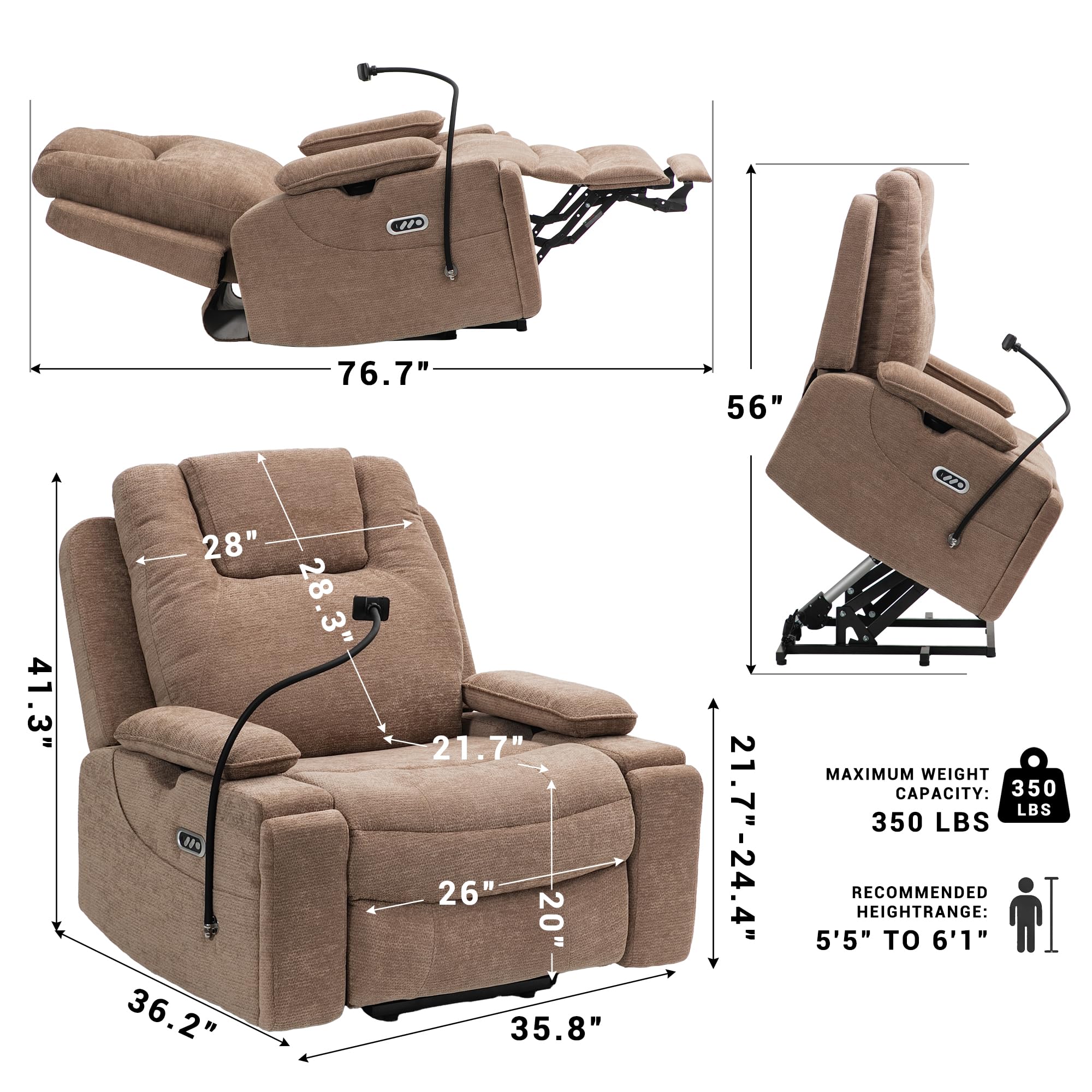 ZORRTIK Oversized Dual Motors Recliner Power Lift Chair for Elderly Big Tall, Zero-Gravity Power Recliner Sofa, 350lbs Heavy Duty Seat with 4D Armrests, Full Lay-Flat Positioning, Phone Slot, Brown