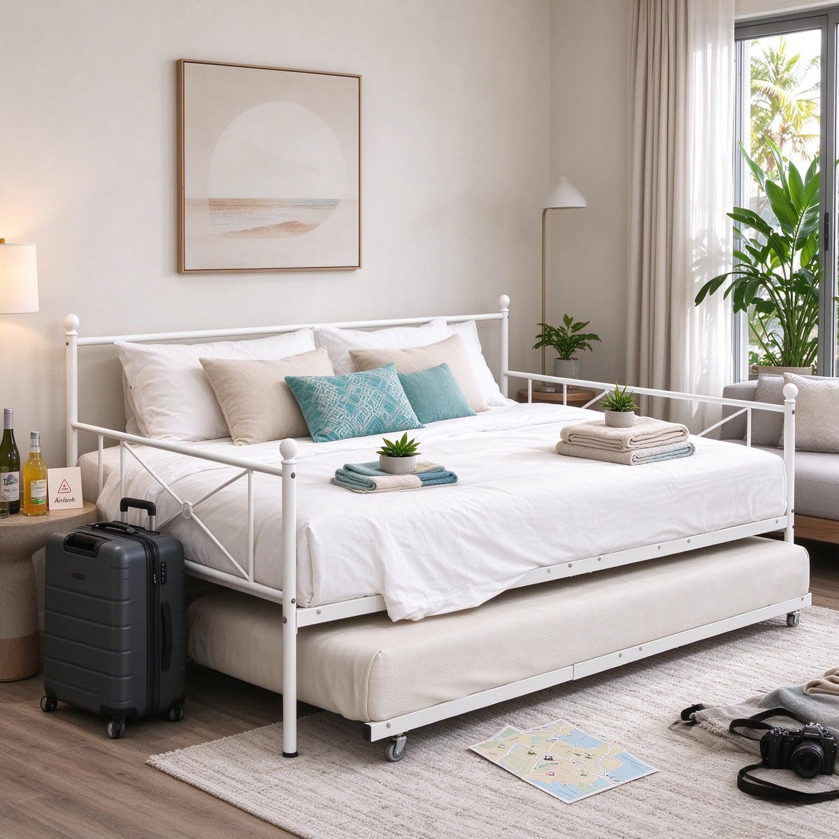 ARFARLY Sofa Bed Daybed with Trundle Premium Steel Slat Support,Multifunctional Mattress Foundation,Sofa Bed Frame with Headboard,Twin,White