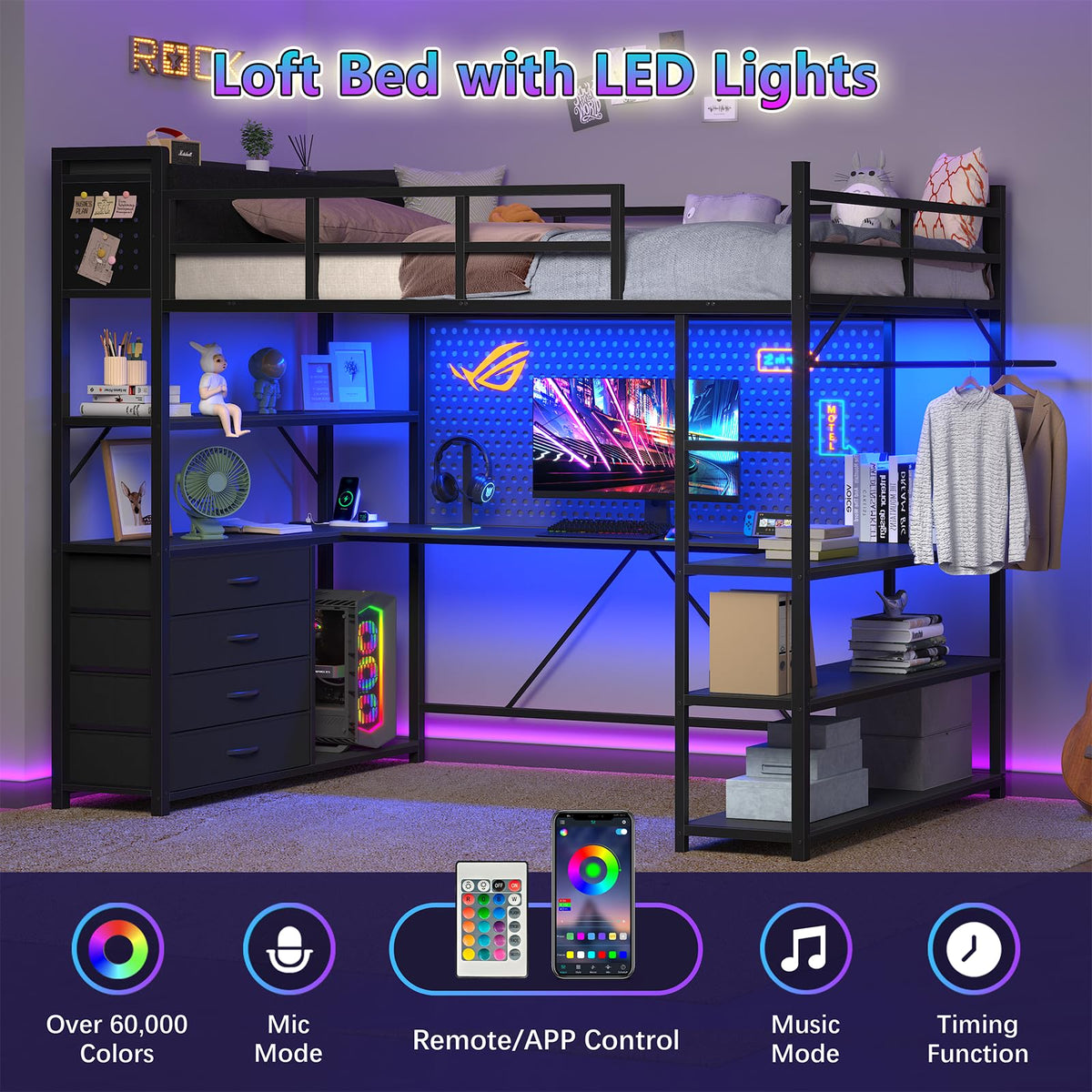 Black Loft Bed Twin Size with Storage Upholstered Headboard & U-Shaped Desk