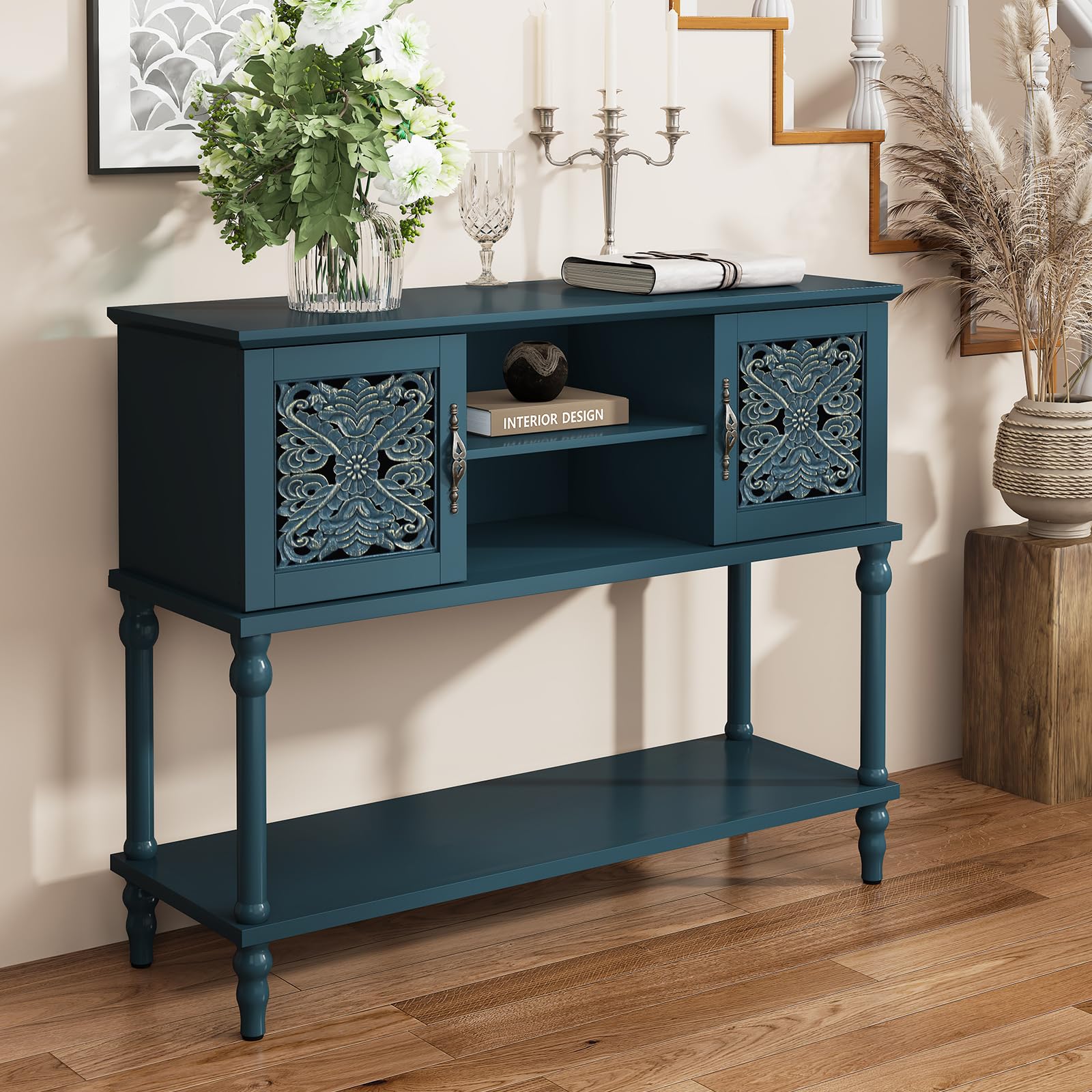 Vintage Console Table with Hand-Carved Doors