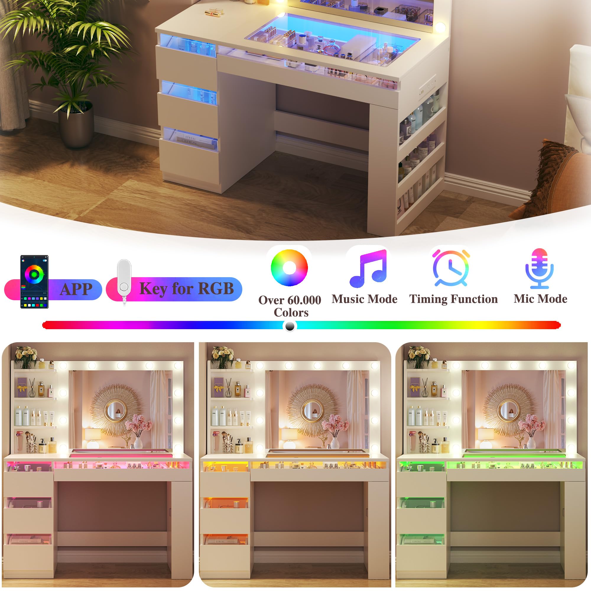 HUAHUU Vanity Desk with Lighted Mirror & Transparent Top, Makeup Vanity Desk with 4 Transparent Drawers and RGB Lighting, Built-in Power Outlet, 3-Tier Side Shelves & Storage Organizer for Bedroom