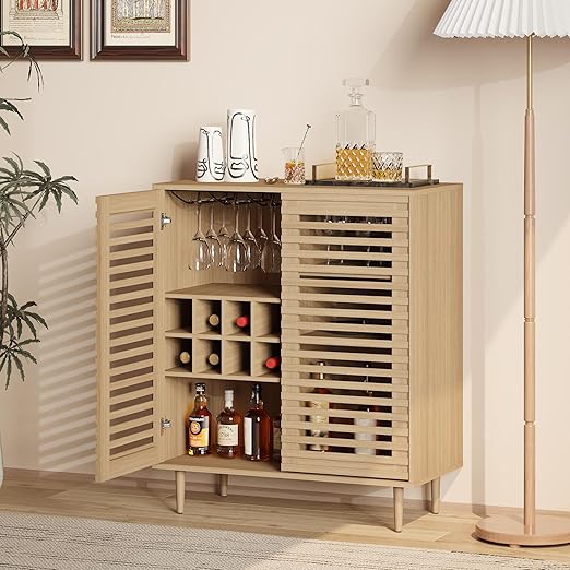 Mid-Century Bar Cabinet with Wine Racks & Slatted Doors
