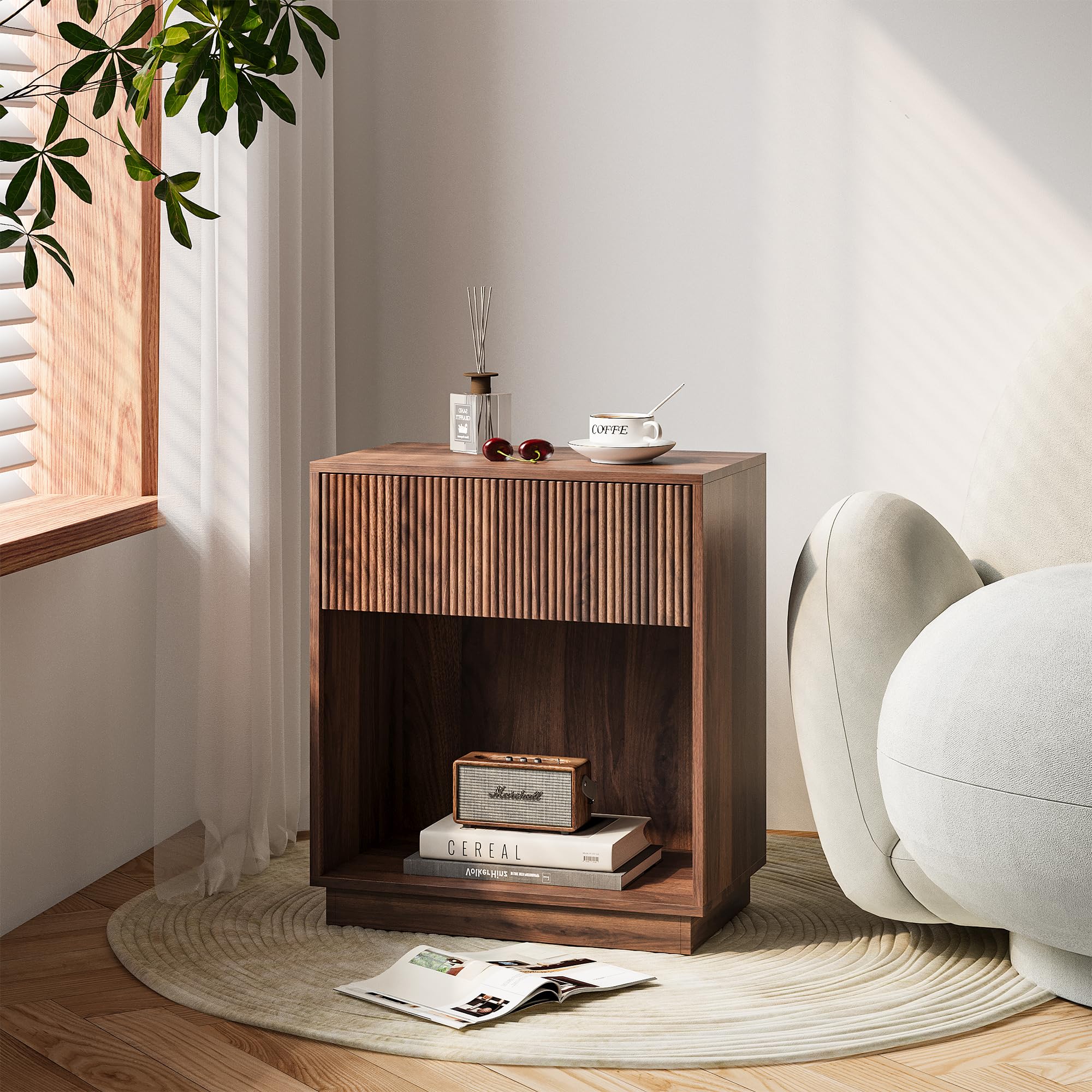 Nightstand Set of 2 with Drawer & Open Shelf