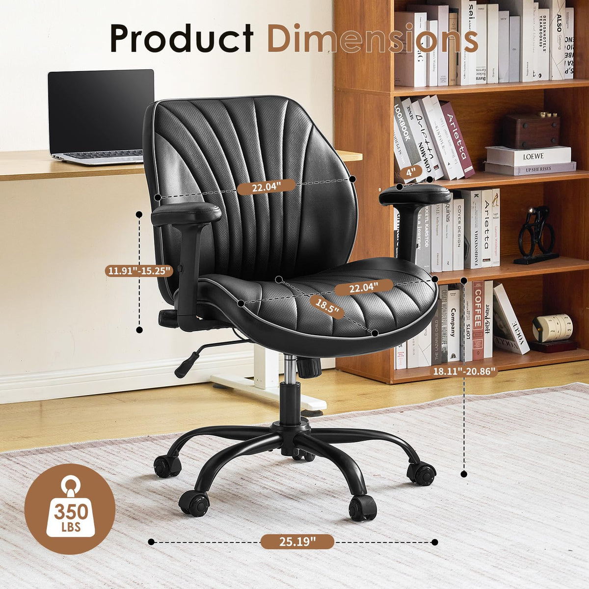 YFO Home Office Desk Chair, Adjustable Armrests PU Ergonomic Chair, Black