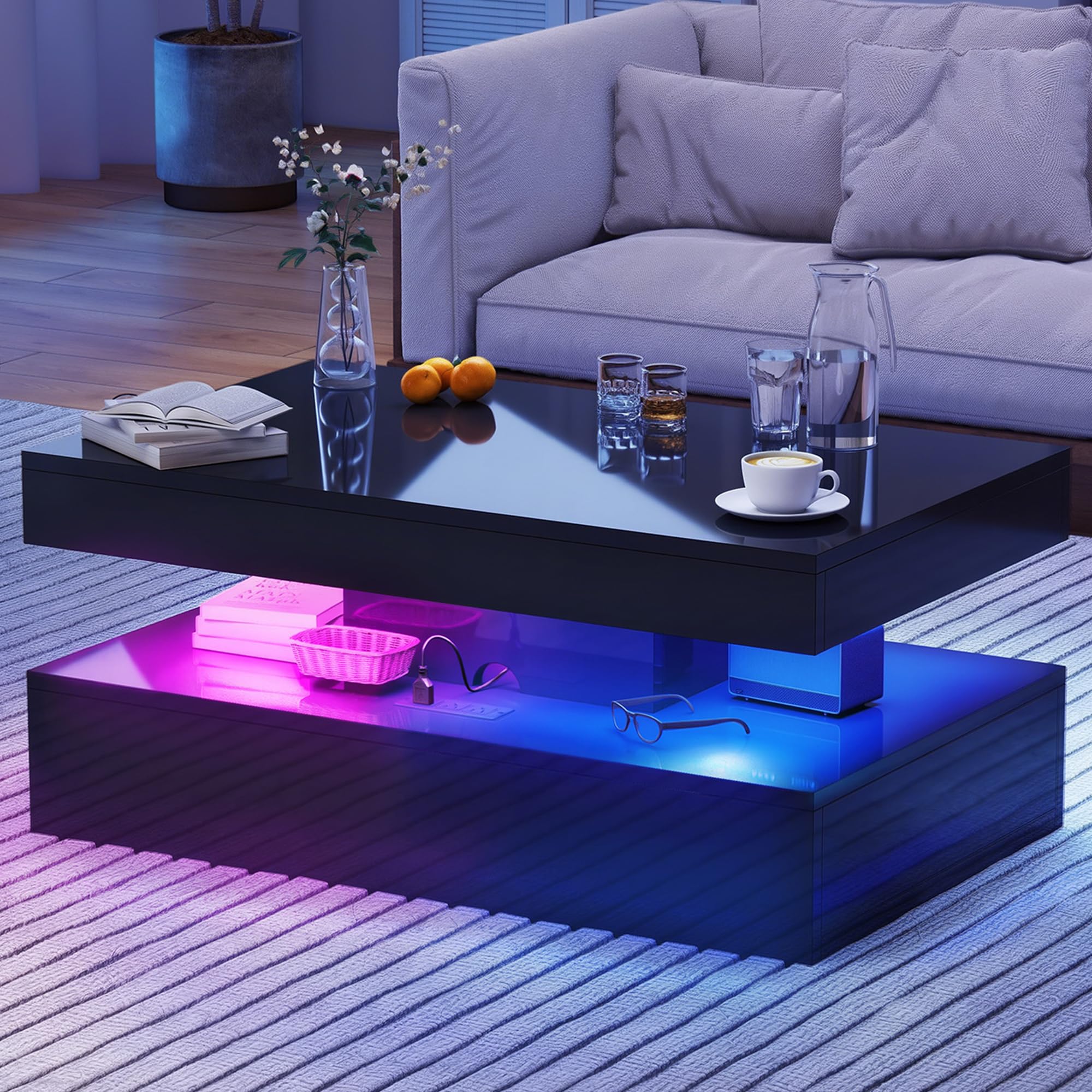 39” Modern High-Glossy LED Coffee Table with 2 Sliding Drawers, Living Room Storage Coffee Tables, Modern Stylish Double-Layer Center Tables with LED Lights, Black