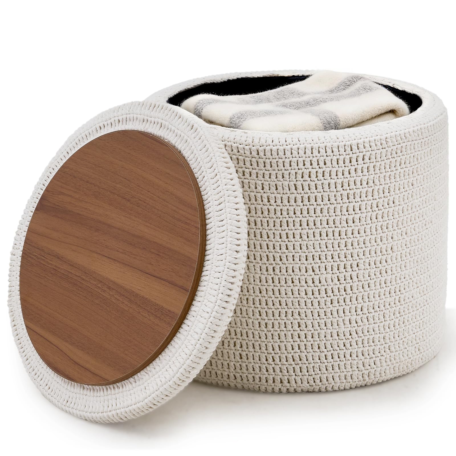 Wimarsbon Pouf Ottoman, 100% Cotton Knitted Boho Footstool, Round Footrest with Non-Skid Wood Legs, Home Décor Handmade Pouffe, Leisure Floor Step Stool for Living Room (18inch Storage Ottoman)