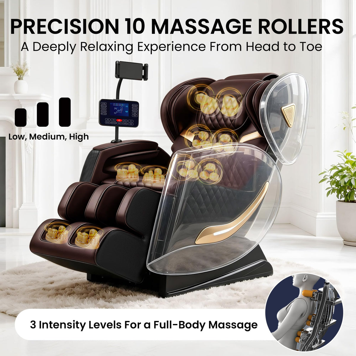 Massage Chair Full Body and Recliner, Zero Gravity Massage Chairs, 10 Fix Rollers, Airbags, Heating, Foot Massage, Auto Modes, Bluetooth Speaker and Touch Control Screen for Home and Office (Brown)