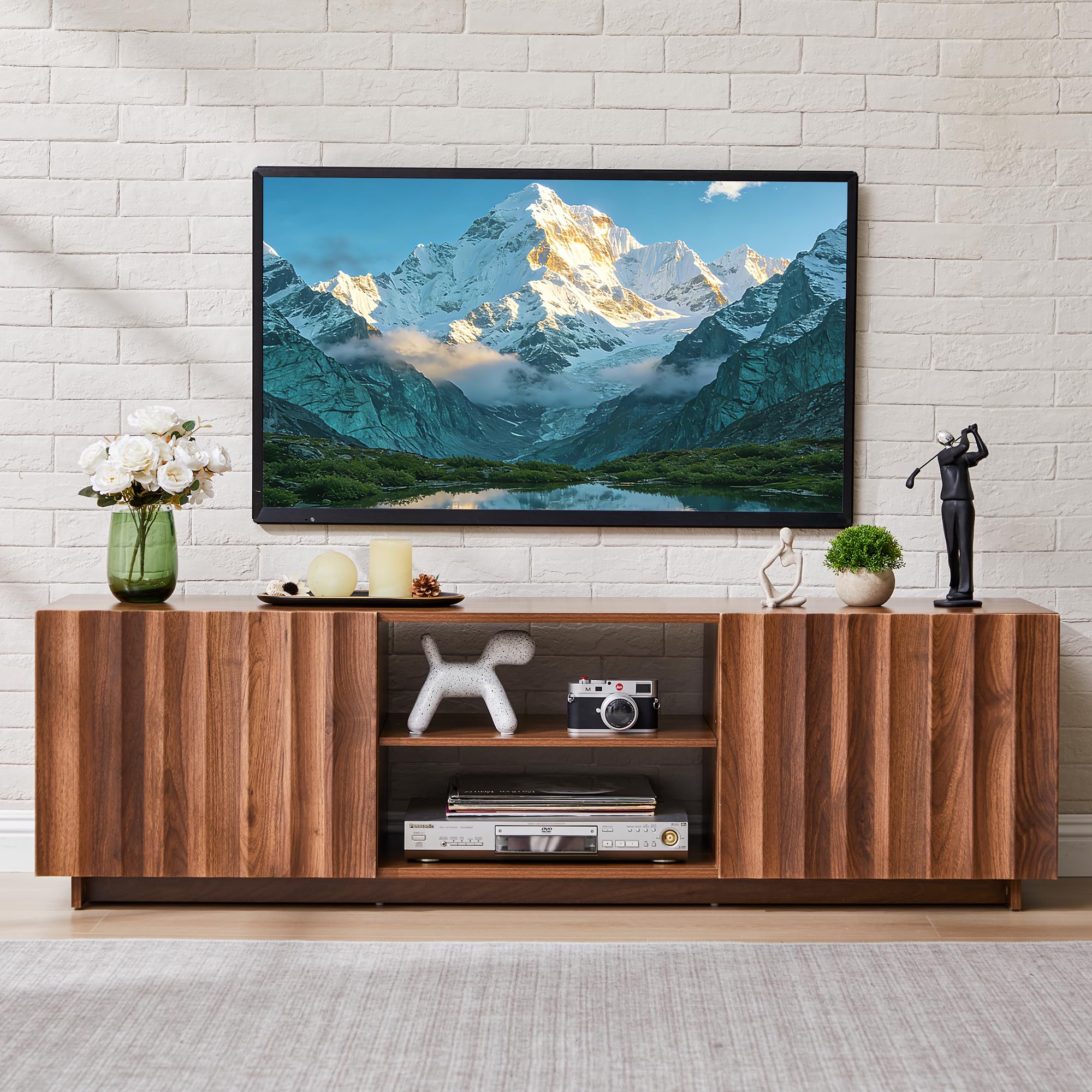 Bifins 61 inch TV Stand for Televisions up to 65 Inches, Mid Century Modern Fluted Entertainment Center TV Console Table with Storage and Adjustable Shelve for Living Room Bedroom (Walnut)