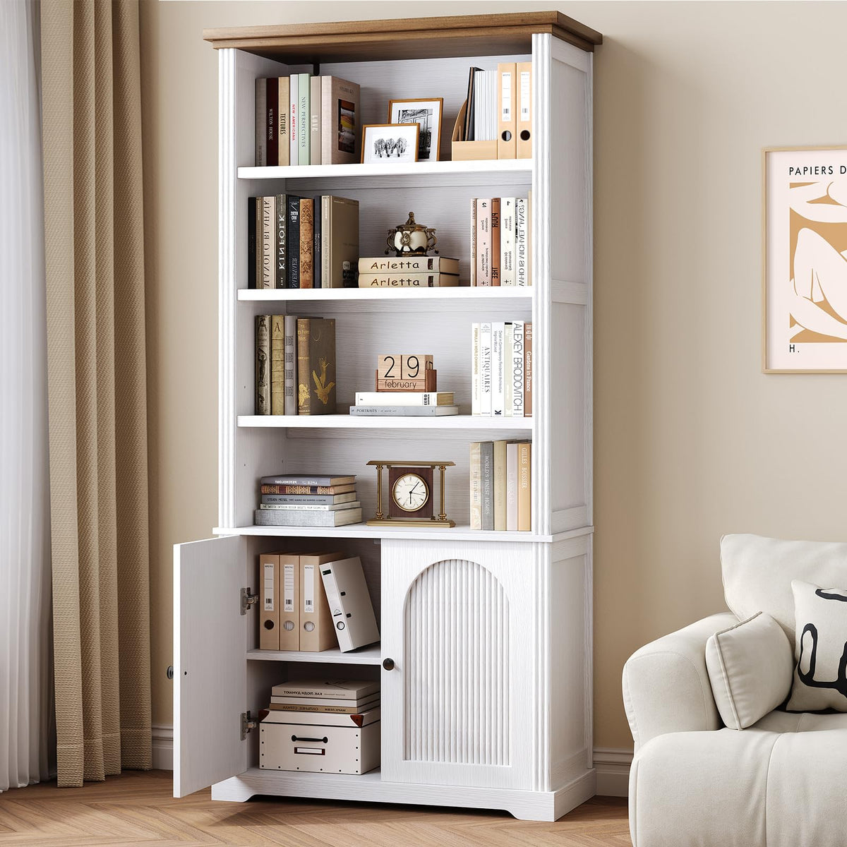 Glirun Modern 71" Tall 6-Shelf Bookcase with Doors, Storage Cabinet with Adjustable Shelves, Fluted Double-Door Design for Living Room, Home Office, Bedroom