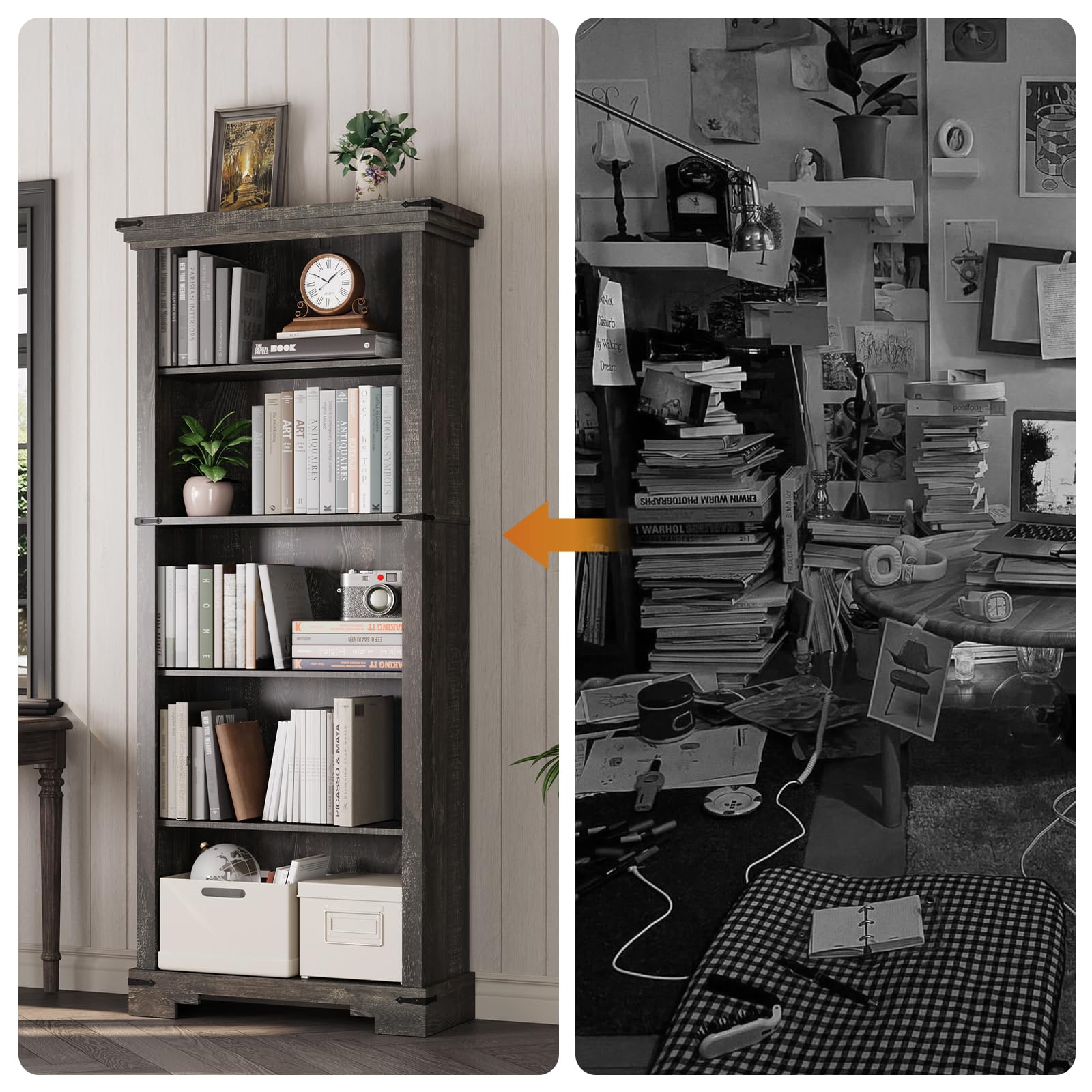 HOTLUU 5-Tier Farmhouse Bookshelf, 61.1 inch Tall Bookcase with Storage & Unique Design & One Adjustable Shelf, Wooden Bookshelf for Study Room, Living Room, Home Office, Bedroom (Black)