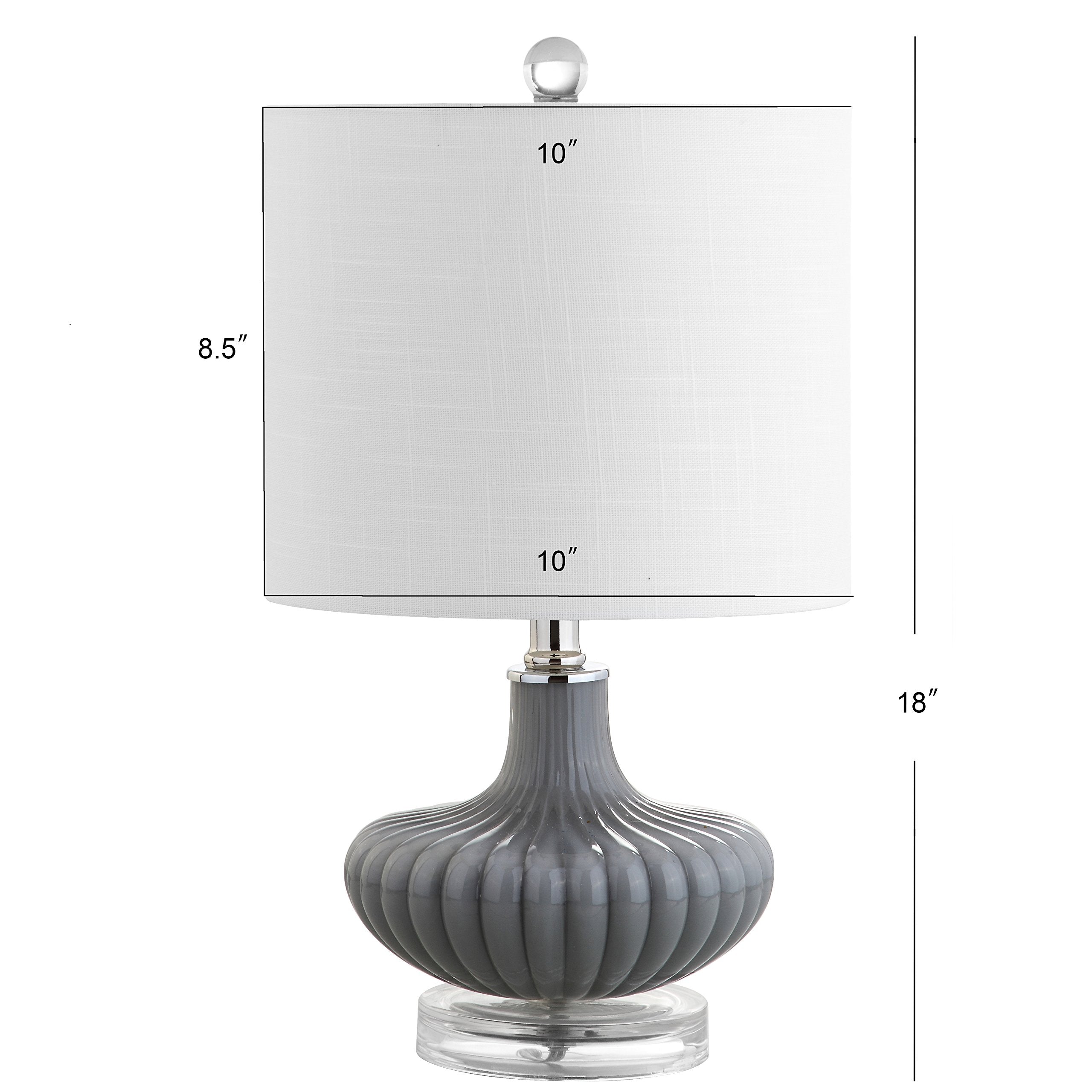 JONATHAN Y 18" Gray Fluted Glass and Lucite Table Lamp, Contemporary Teardrop Bedside Lamp with White Linen Drum Shade for Nightstand, Console Table, LED Bulb Included JYL1032A
