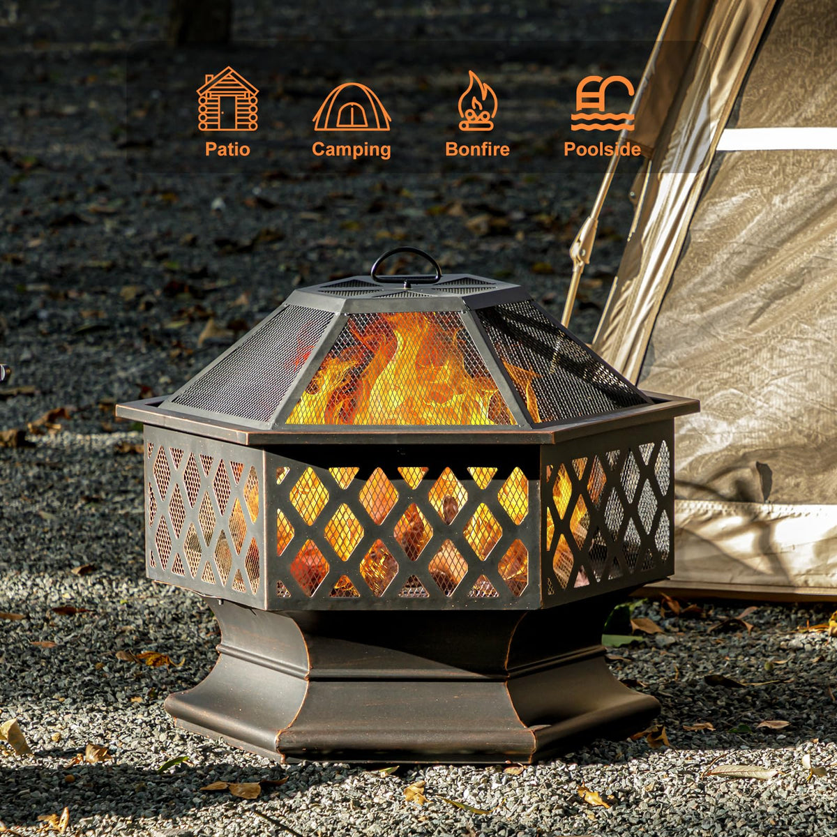 Panovue 28Inch Outdoor Fire Pit, Hexagon Shaped