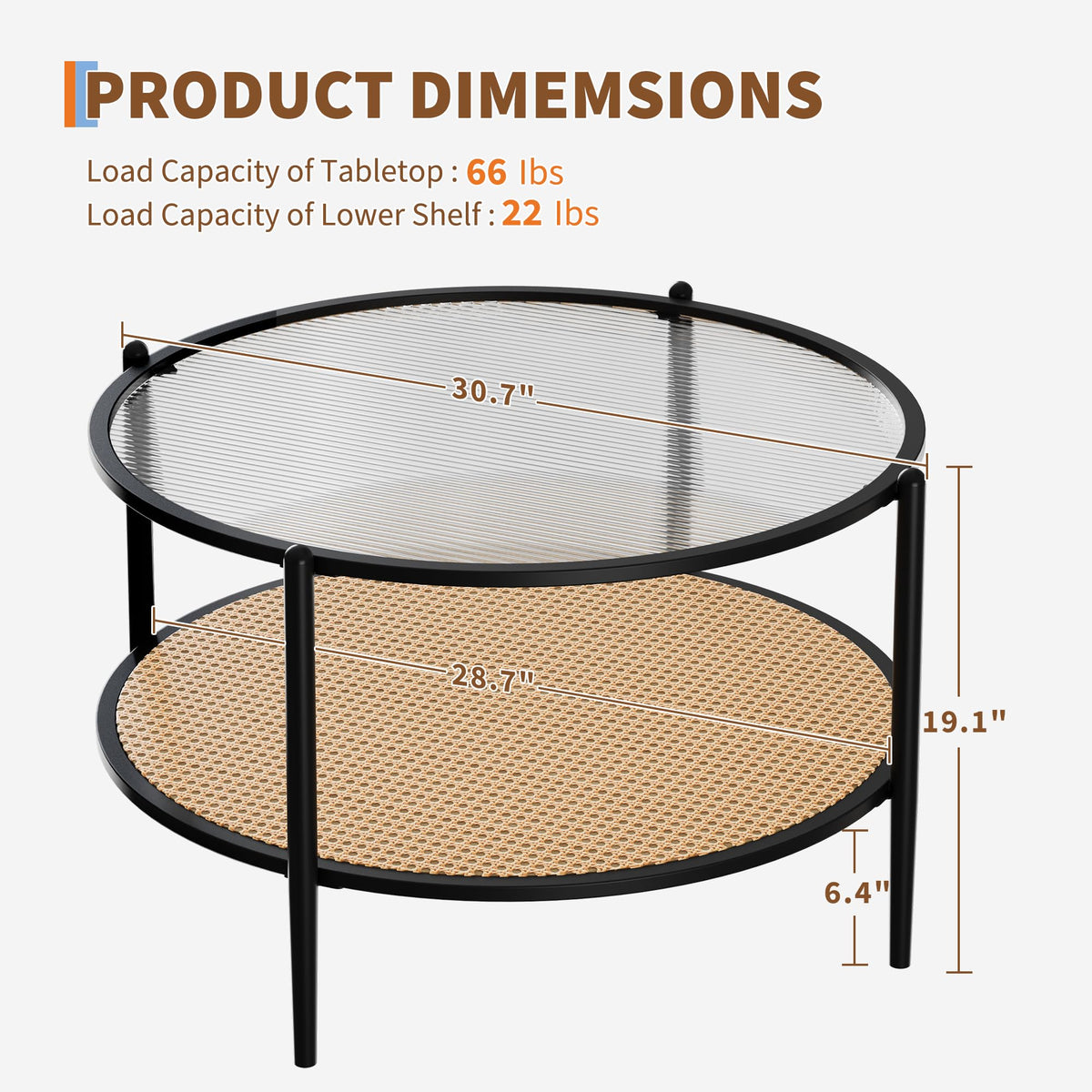 Mid Century Modern Coffee Table with Glass Top and PE Rattan Storage Shelf, 2-Tier 30.7 Inch Wood Round Boho Coffe Table, Metal Frame, Unique Center Table for Livinig Room Apartment Small Space