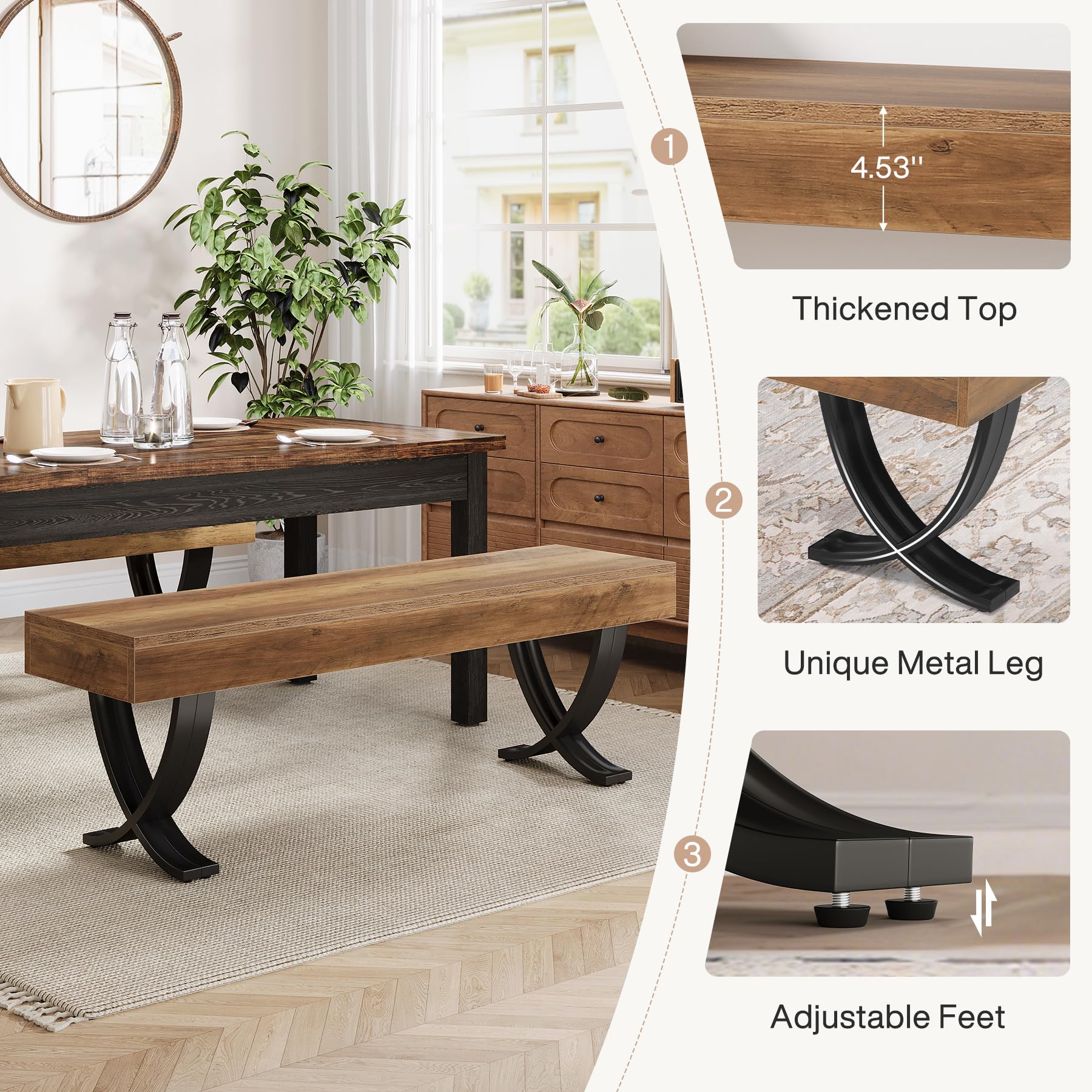 55-Inch Farmhouse Dining Bench with Metal X-Shaped Legs