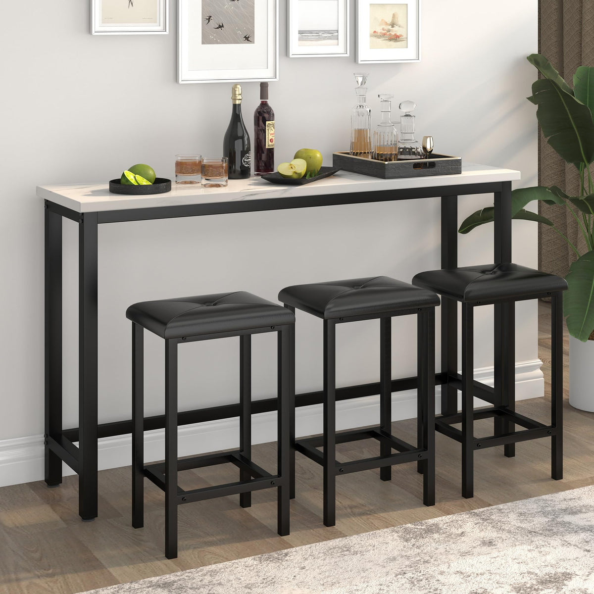 Faux Marble Bar Table Set with 3 Stools