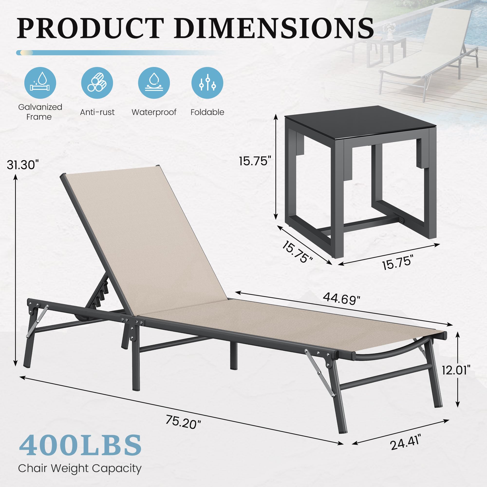 Foldable Patio Lounge Chair Set with Side Table
