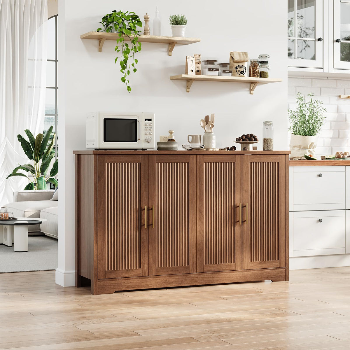 55.51" Fluted Sideboard Buffet Cabinet for Dining Room, Kitchen, Walnut