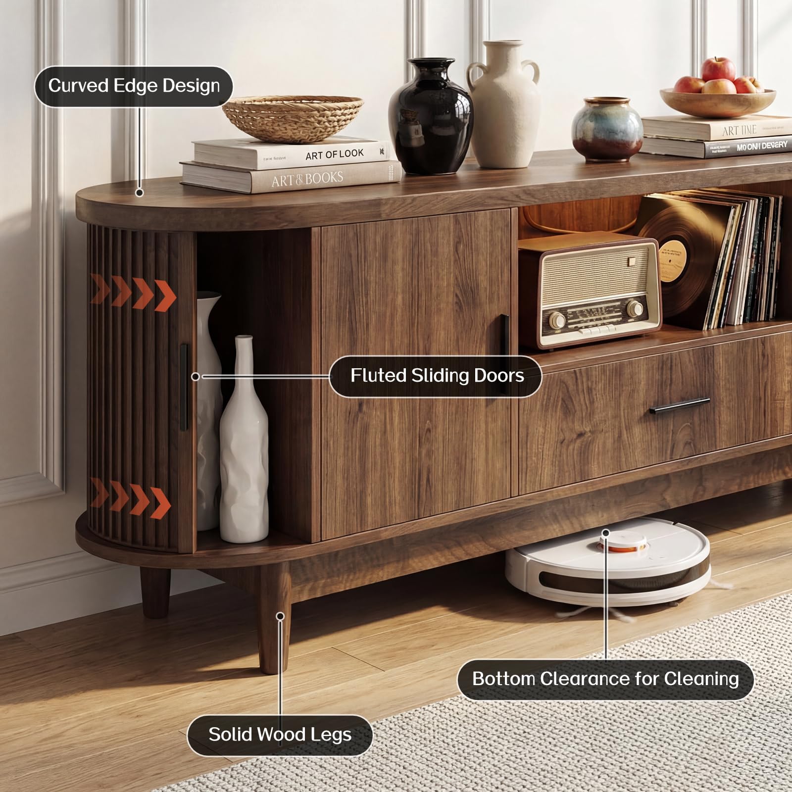 63" Mid-Century Modern TV Stand with LED Lights & Power Outlet