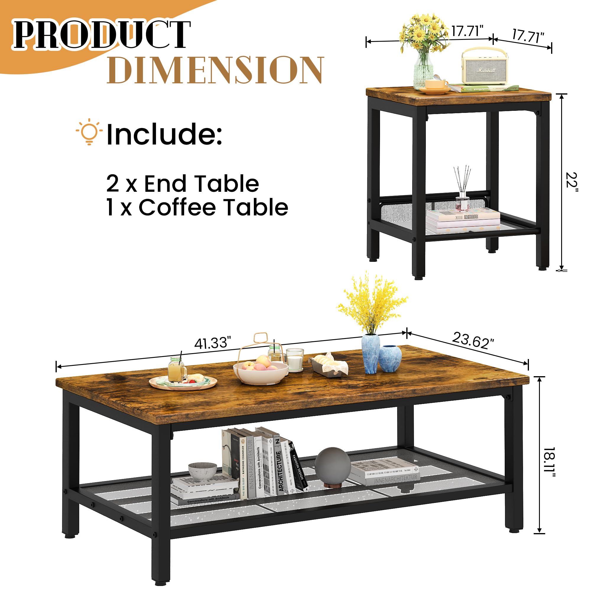 3-Piece Industrial Coffee Table Set with 2 End Tables