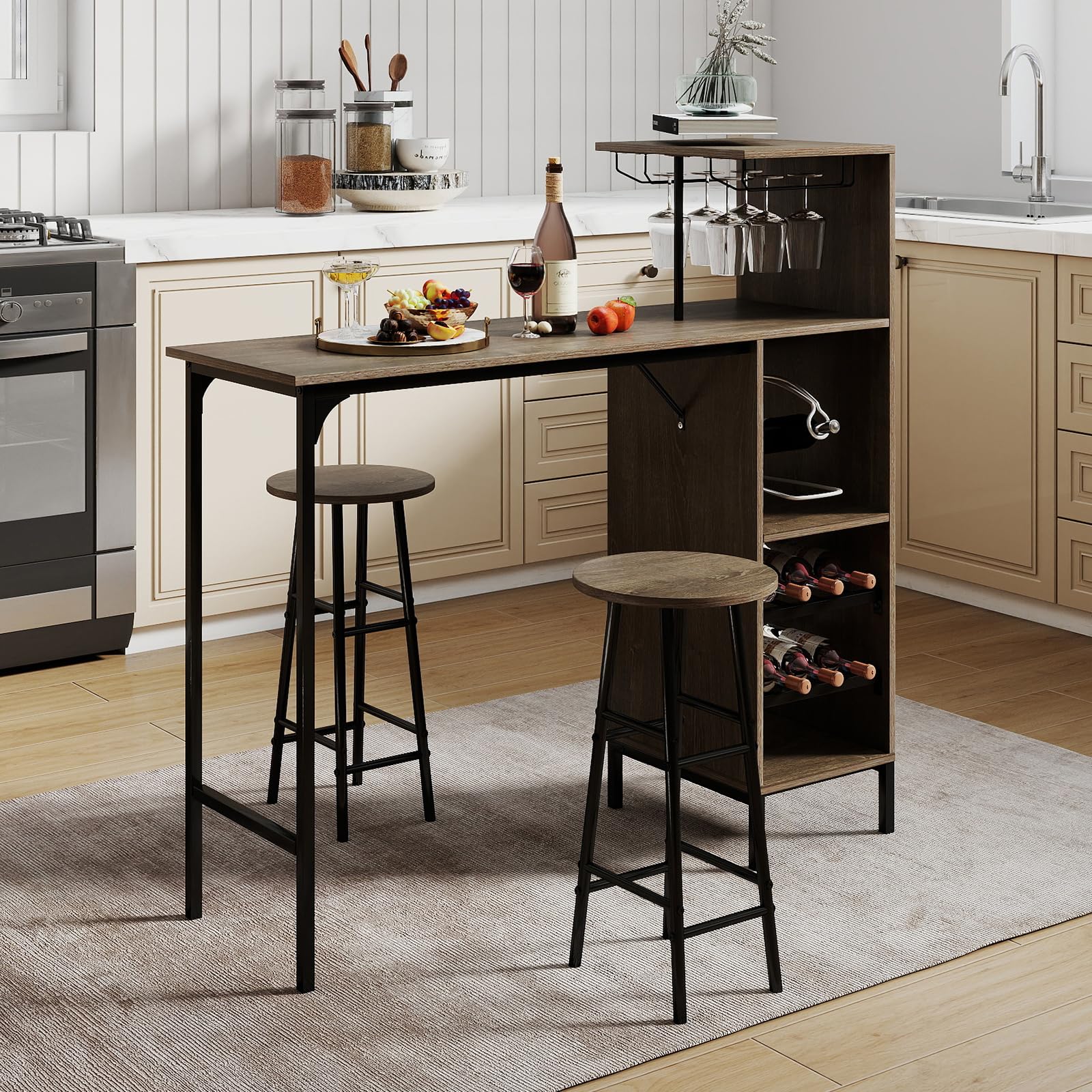 3-Piece Bar Table & Stool Set with Wine Rack