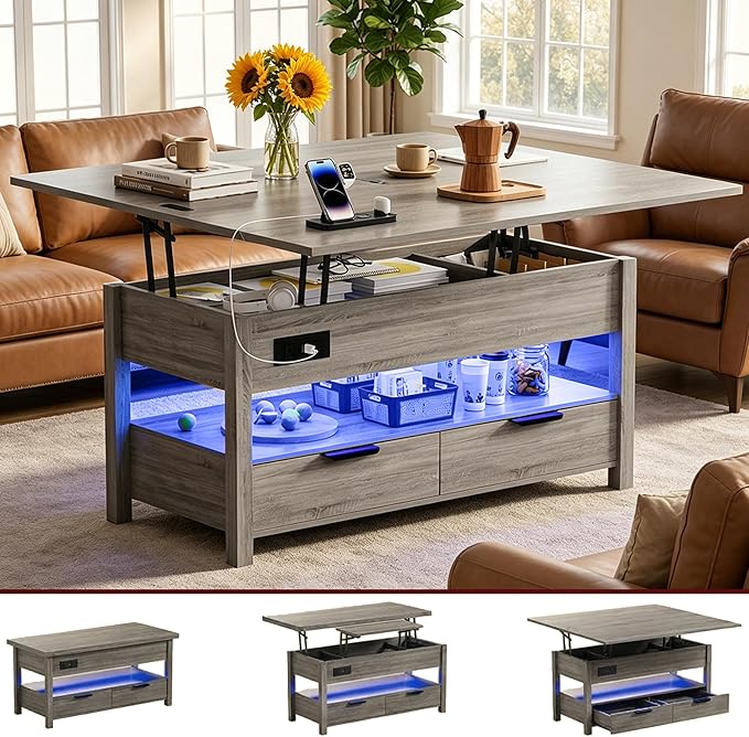 Lift Top Coffee Table with Power Outlets & LED Lights