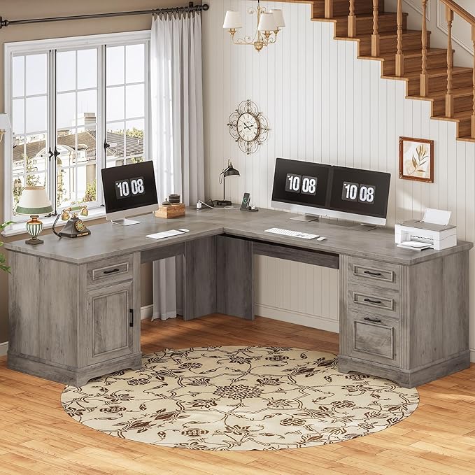L-Shaped Executive Desk with Drawers & Power Outlet