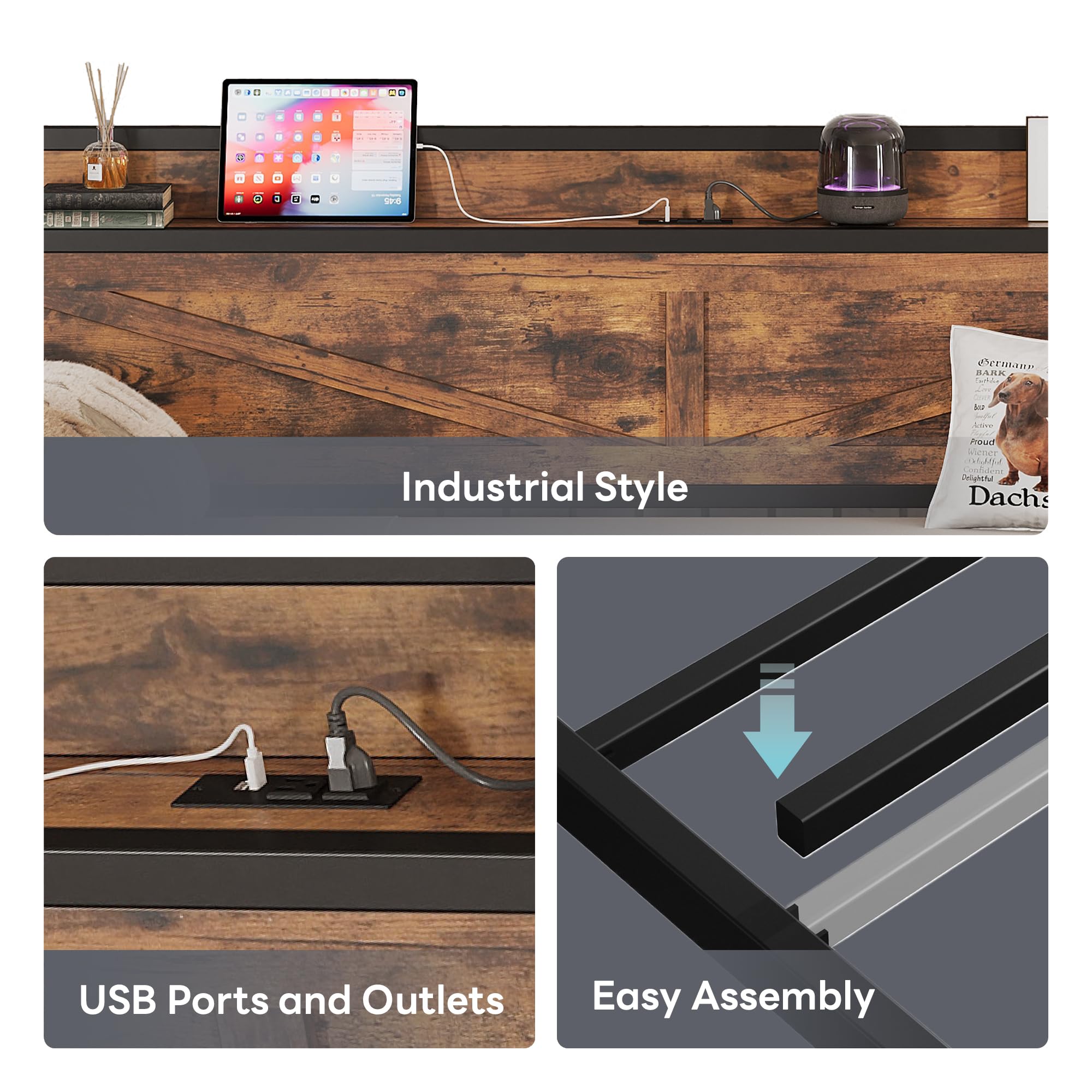 LIKIMIO Twin Daybed, Daybeds with Pop Up Trundle, Storage Headboard with Charging Station, Strong Supports for Apartment and Other Small Space, Industrial Brown