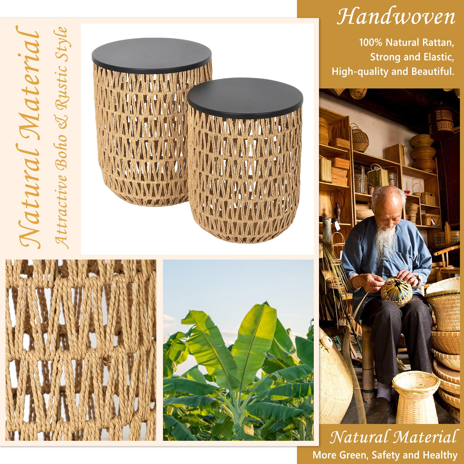 Boho Rattan Outdoor Side Table Set of 2