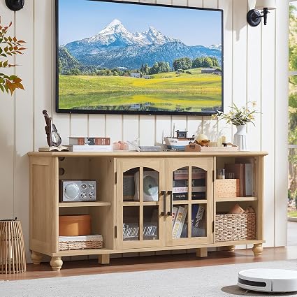 Farmhouse TV Stand with Glass Doors & Adjustable Shelves, 60"