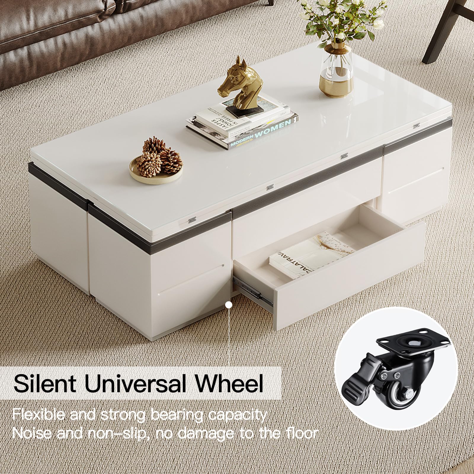 Guyii 47" Lift Up Coffee Table with Storage Stools White Cofee Tables 3 in 1 Living Room Table with Wheels for Living Room Apartment Saving Space
