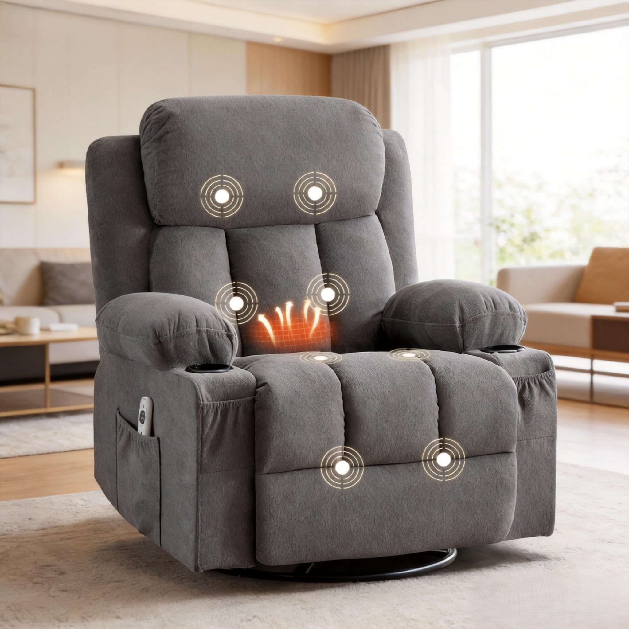 BOSMILLER Swivel Rocker Recliner Chair with Vibration Massage and Lumbar Heating Ergonomic Lounge Chair for Living Room with Rocking Function and Side Pocket, 2 Cup Holders, USB Charge Port