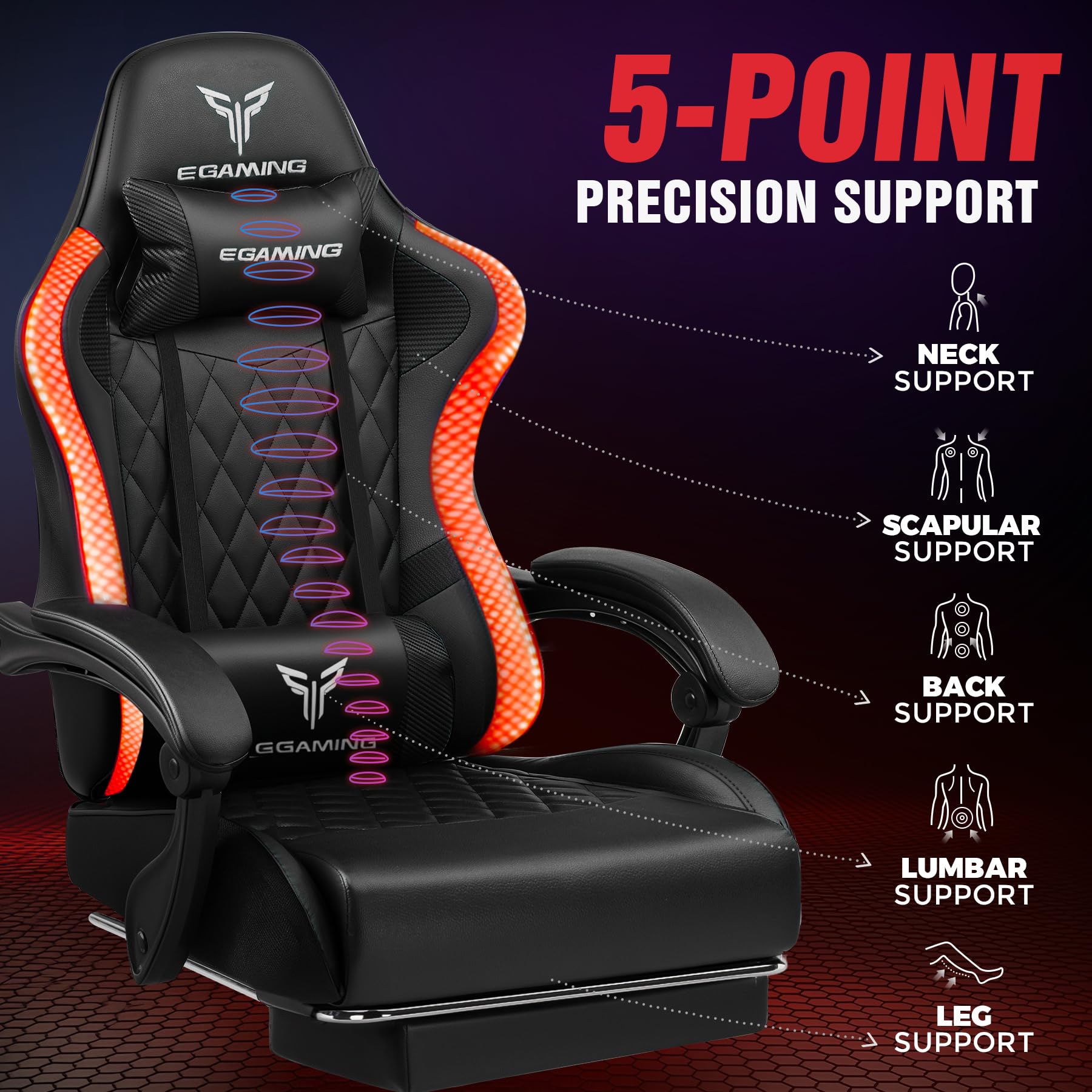 EXRACING Gaming Chair with Footrest Ergonomic High-Back PU Leather Computer Chair with RGB LED Lights Linkage Armrests Lumbar Support and Headrest 150°Reclining Diamond Quilted Office Chair for Adults