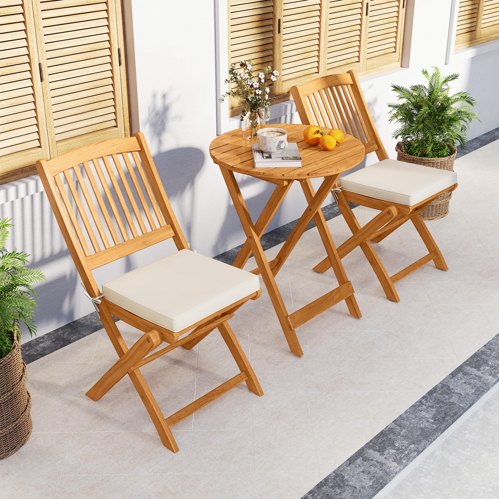 3-Piece Acacia Wood Folding Patio Bistro Set with Cushions