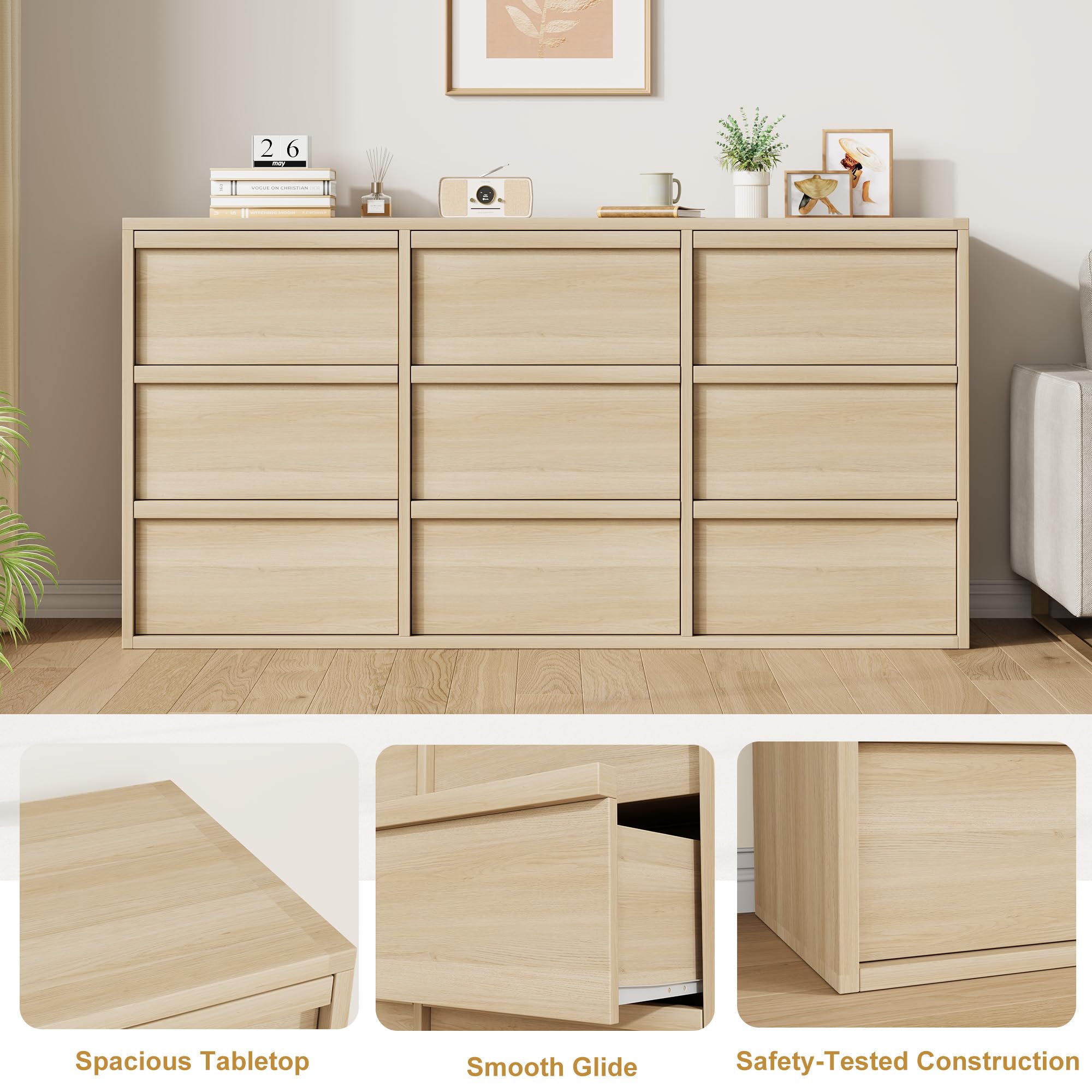 Garvee 9 Dresser for Bedroom, 58.7" Wide Dresser, Freestanding Horizontal Drawer with Storage, Wooden Closet Chest Storage for Living Room, Hallway, Entryway