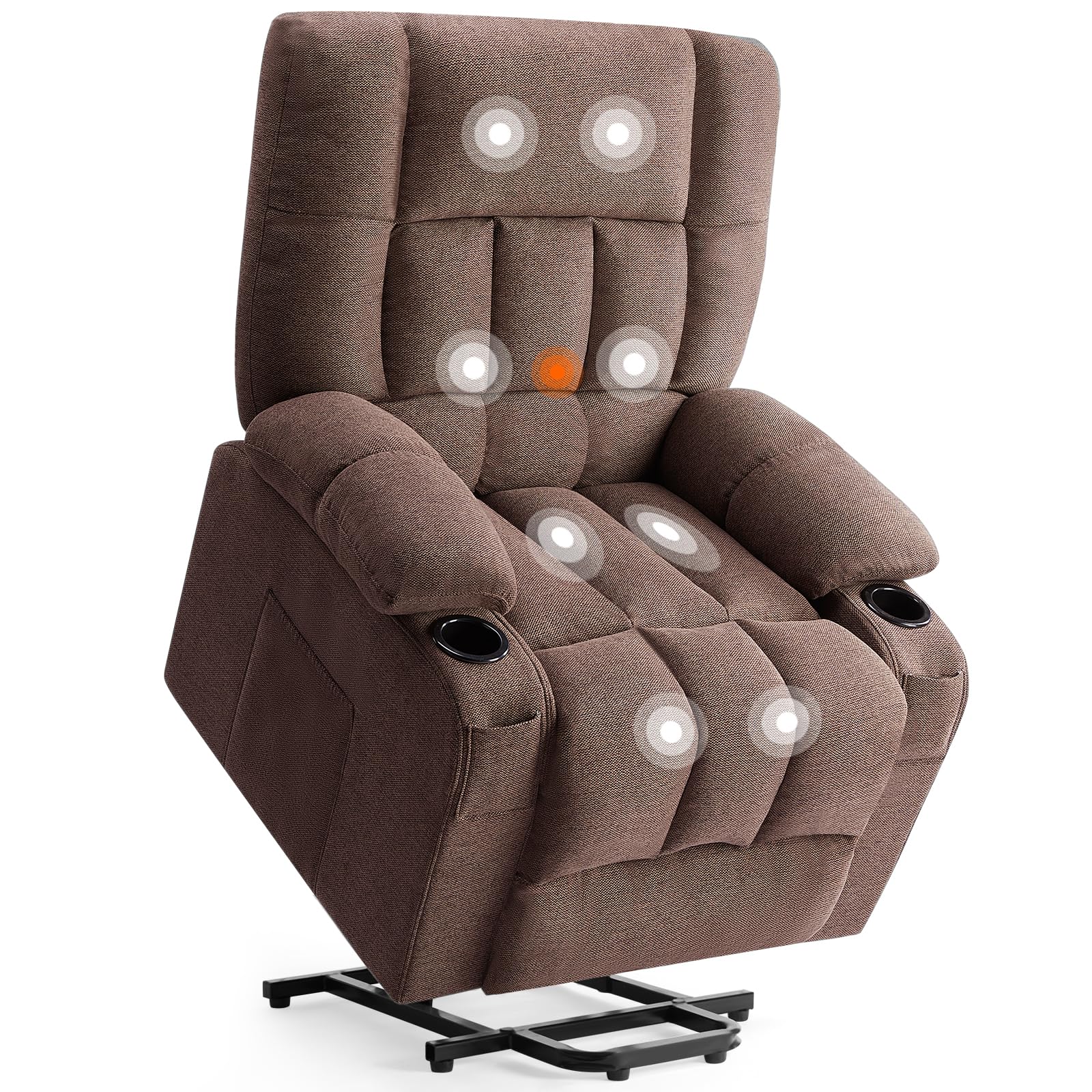 Sweetcrispy Power Lift Recliner Chair with Vibration Massage and Heat for Adults, Ergonomic Overstuffed Breathable Fabric Reclining Chair with Side Pockets, Remote Control, Living Room, Bedroom, Brown