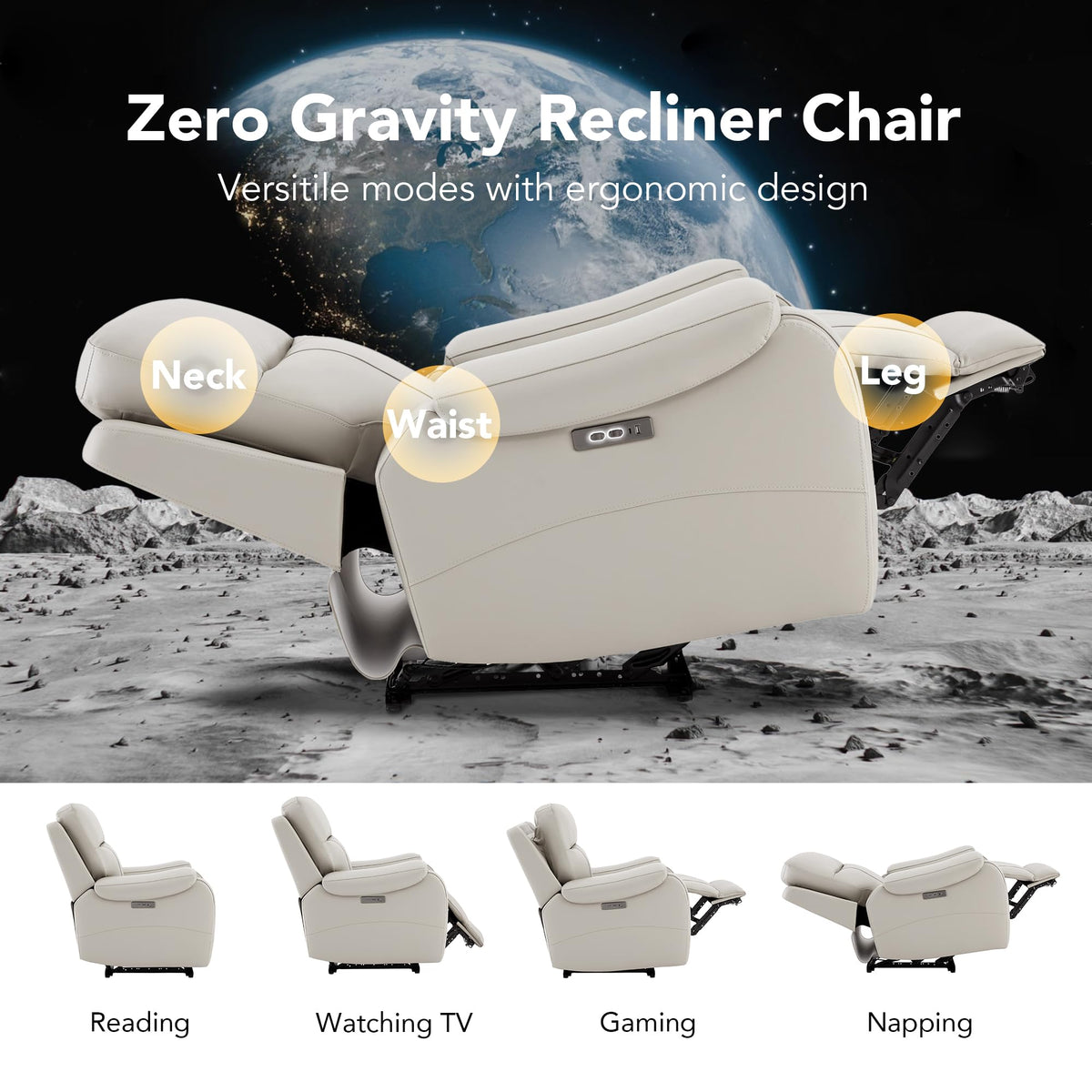 CHITA Genuine Leather Power Recliner Chair, Zero Gravity, Creamy Grey