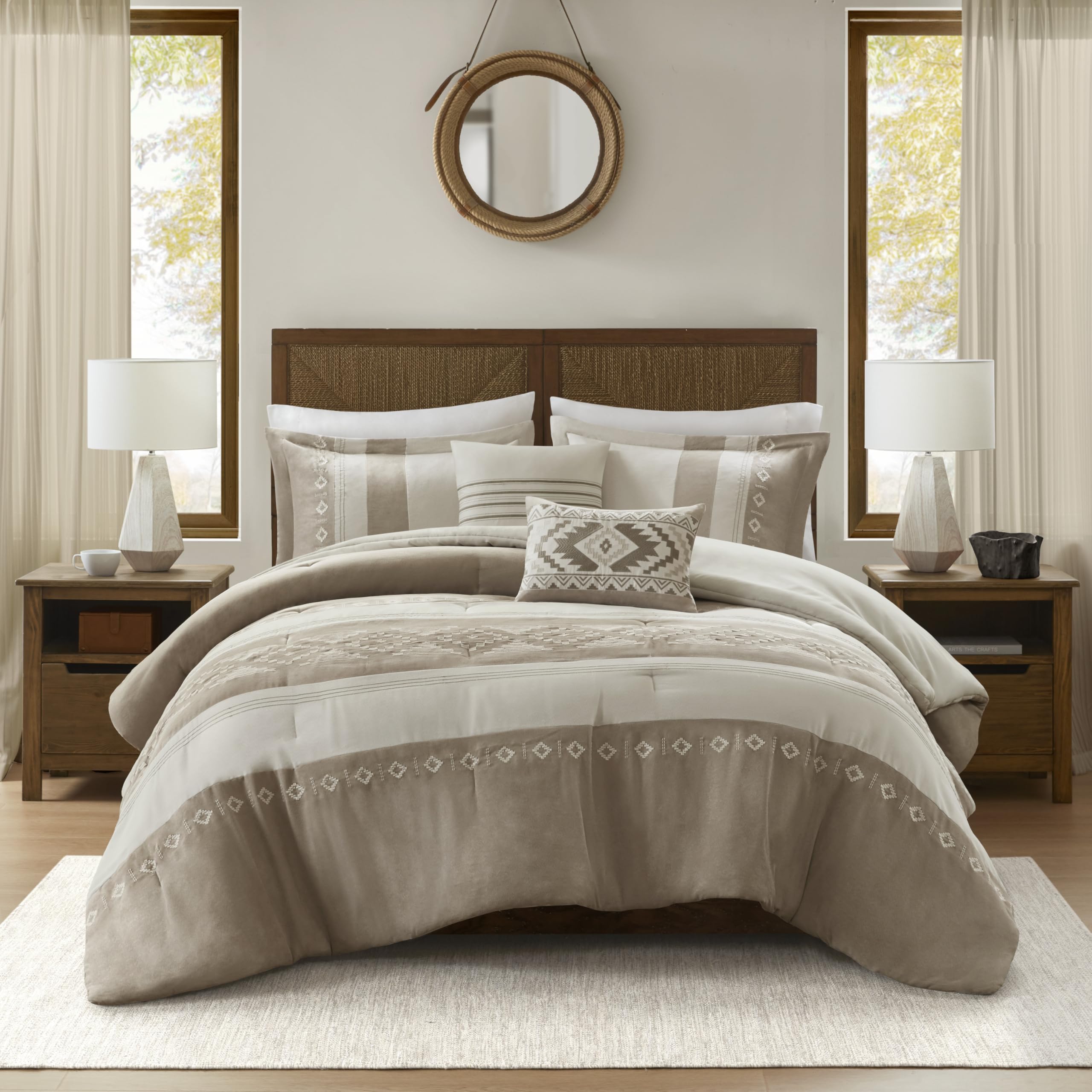 King Comforter Set – 5-Piece Microsuede Embroidered Bedding with Decorative Pillows, Taupe