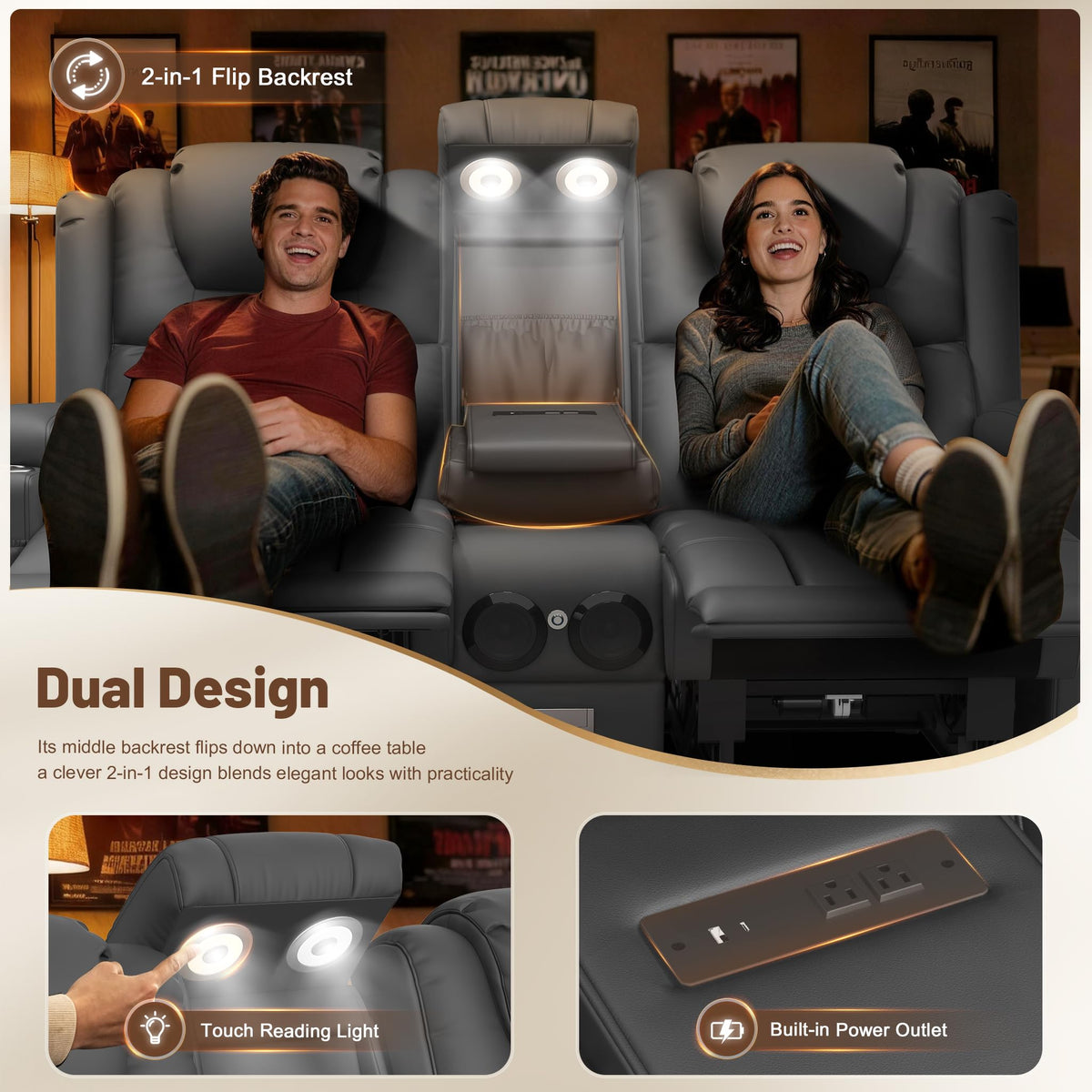 DG PEAFOWL Power Loveseat Recliner Sofa with Console, Wall Hugger Reclining Loveseat with Reading Light, Home Theater Seating with LED Lights, Zero Gravity Recliner Couch for RV Couch and Living Room