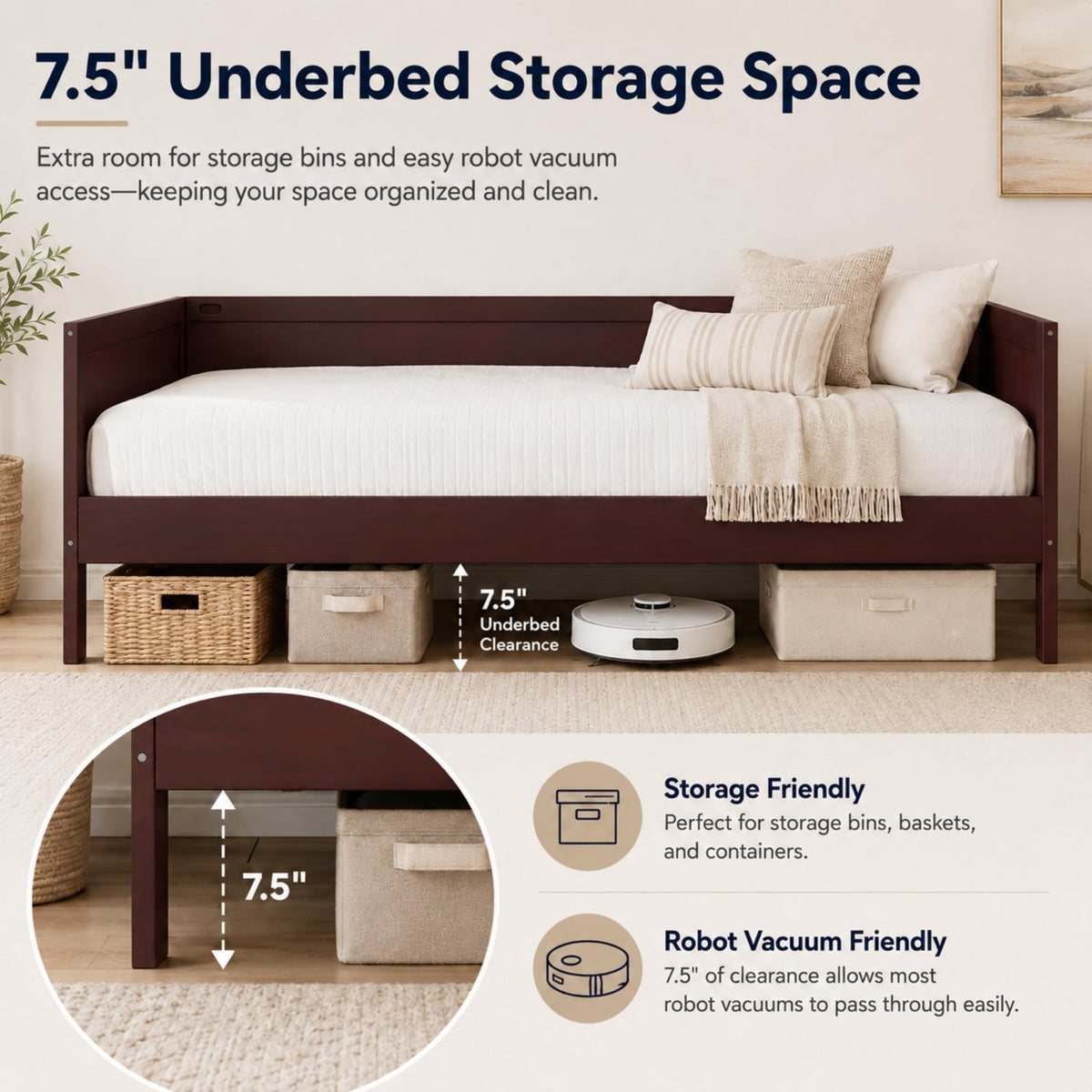 Corner Bed Frame Full Size with 3-Side Rails and Slat Support, Dark Walnut